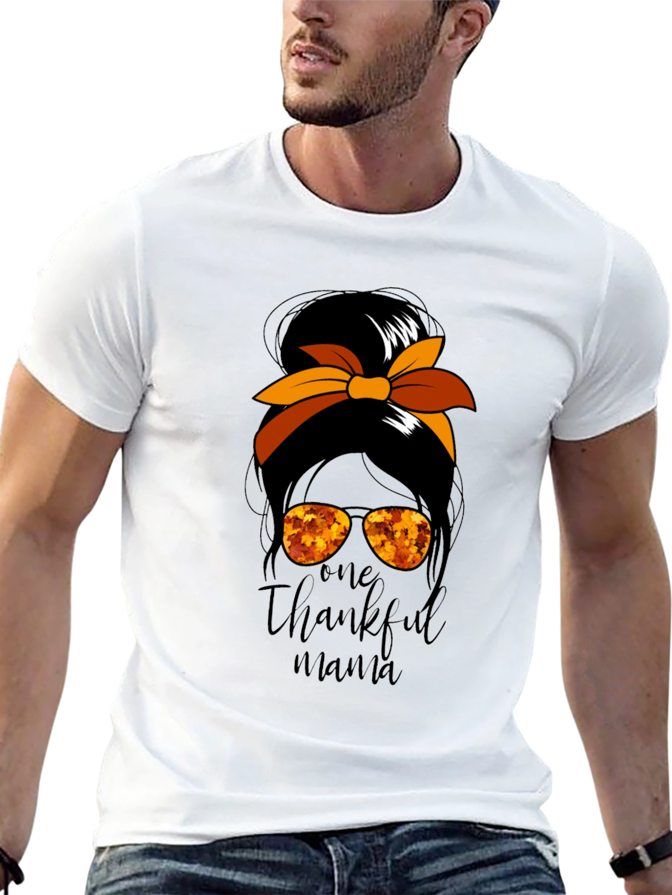 One Thankful Mama Messy Bun Thanksgiving T-Shirt