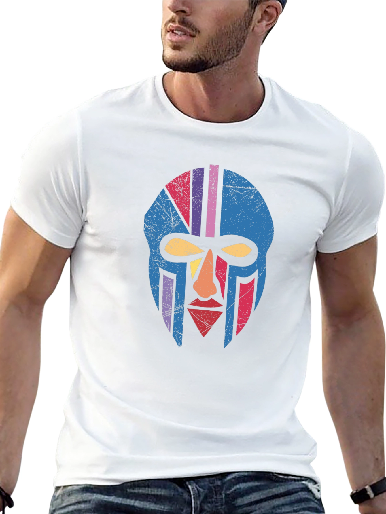 Retro Tribal Mask Graphic Tee - Black Cotton T-Shirt