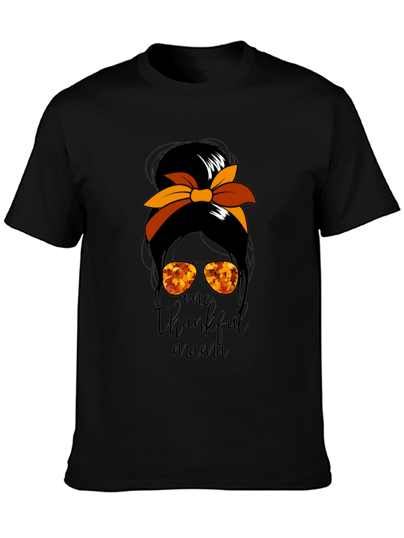 One Thankful Mama Messy Bun Thanksgiving T-Shirt