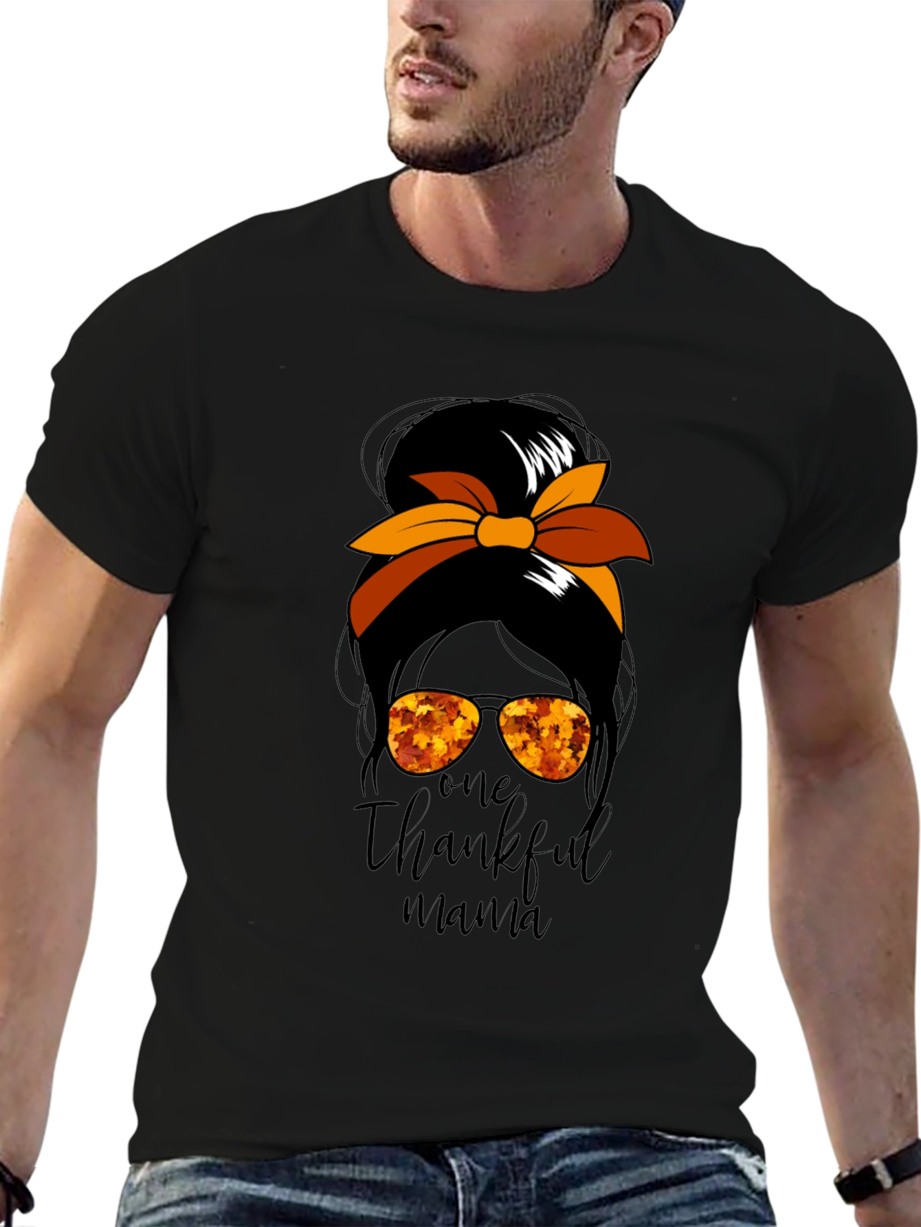 One Thankful Mama Messy Bun Thanksgiving T-Shirt