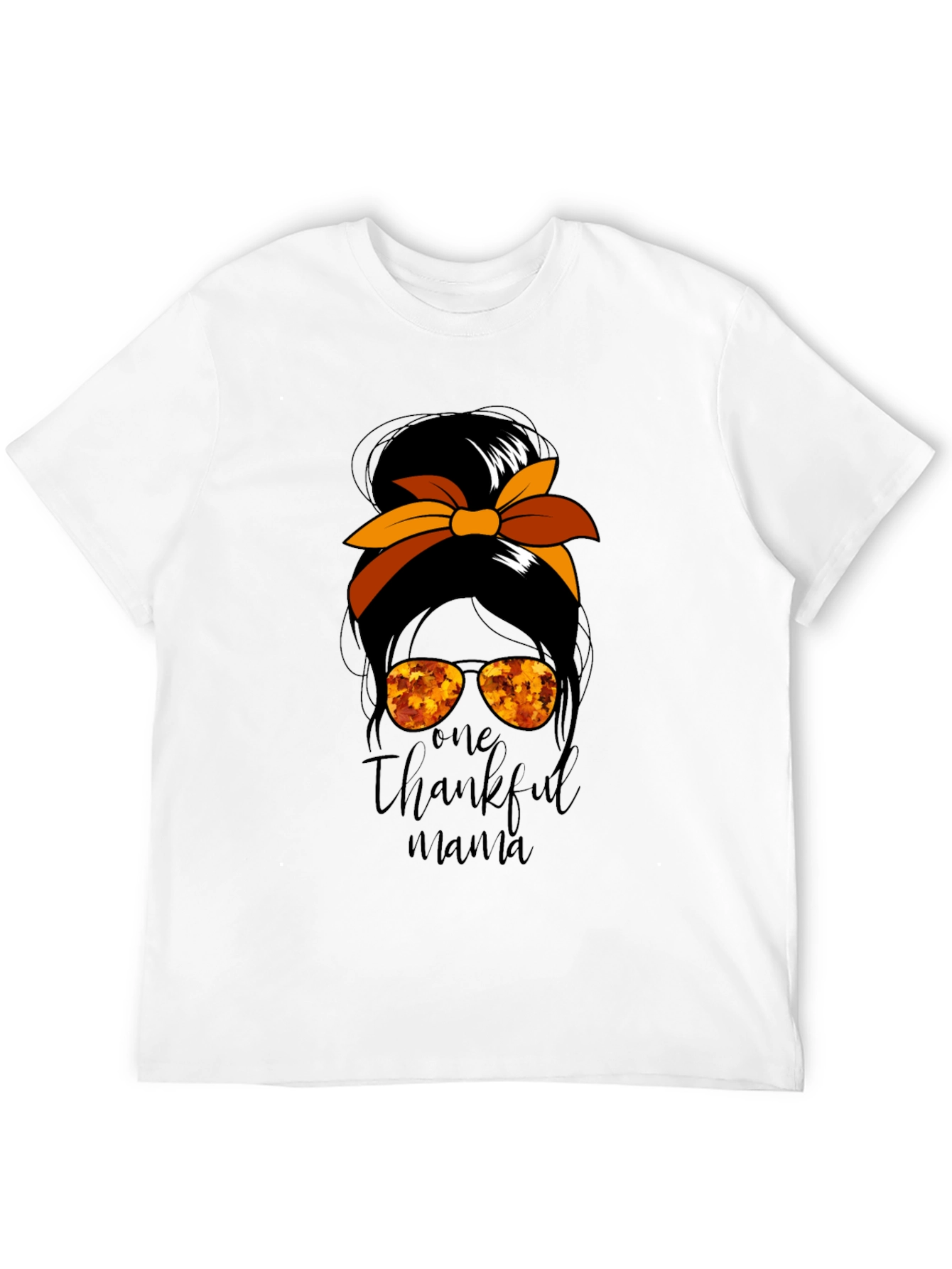 One Thankful Mama Messy Bun Thanksgiving T-Shirt