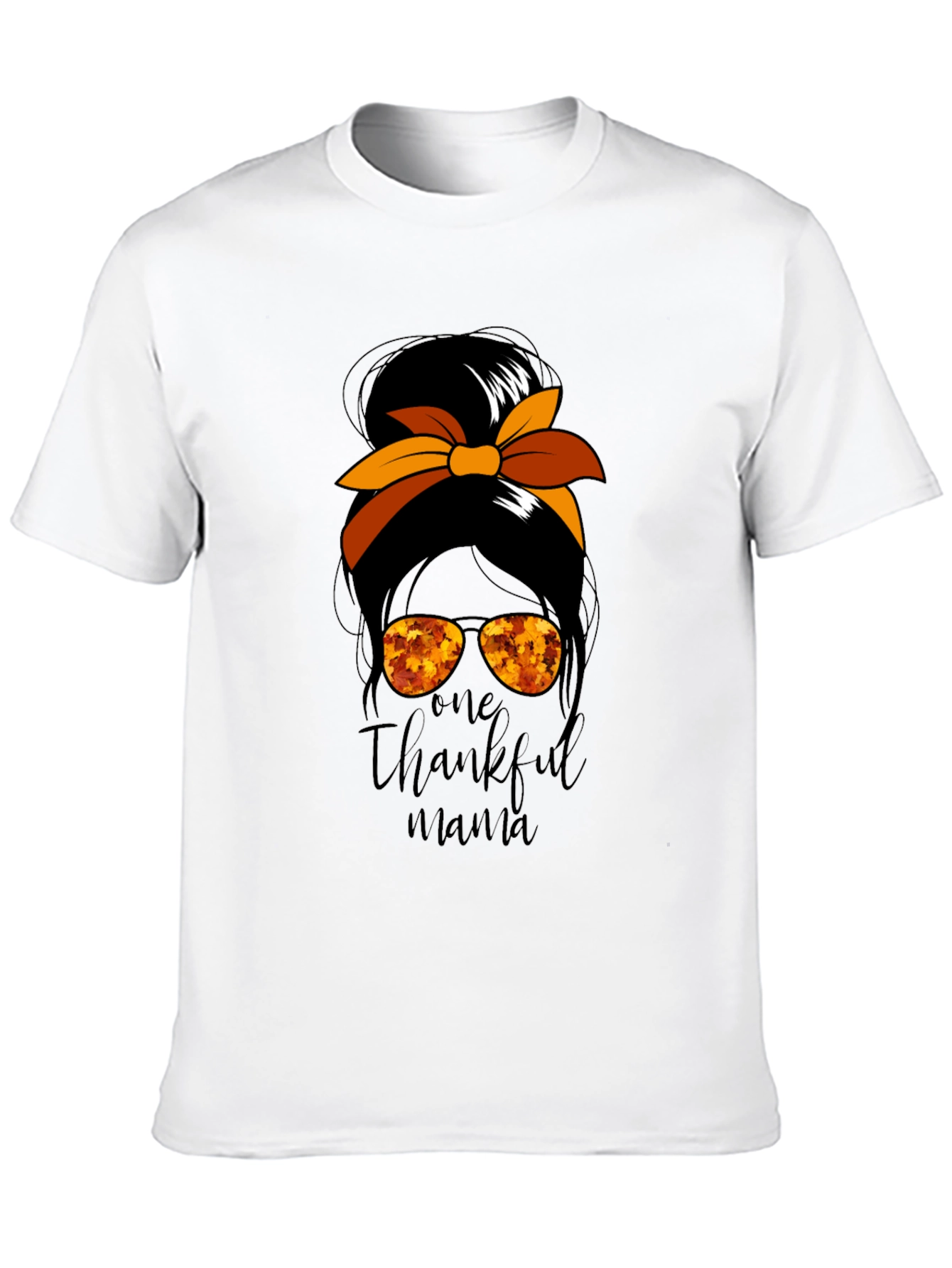 One Thankful Mama Messy Bun Thanksgiving T-Shirt