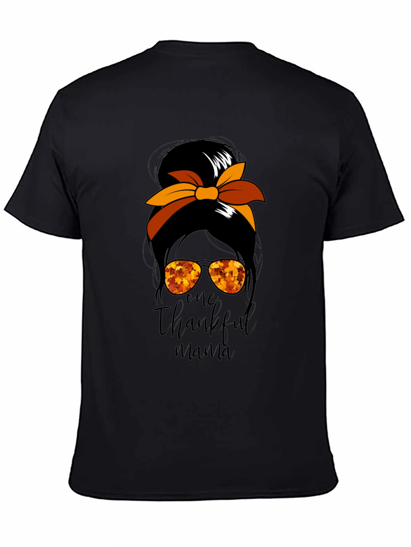 One Thankful Mama Messy Bun Thanksgiving T-Shirt