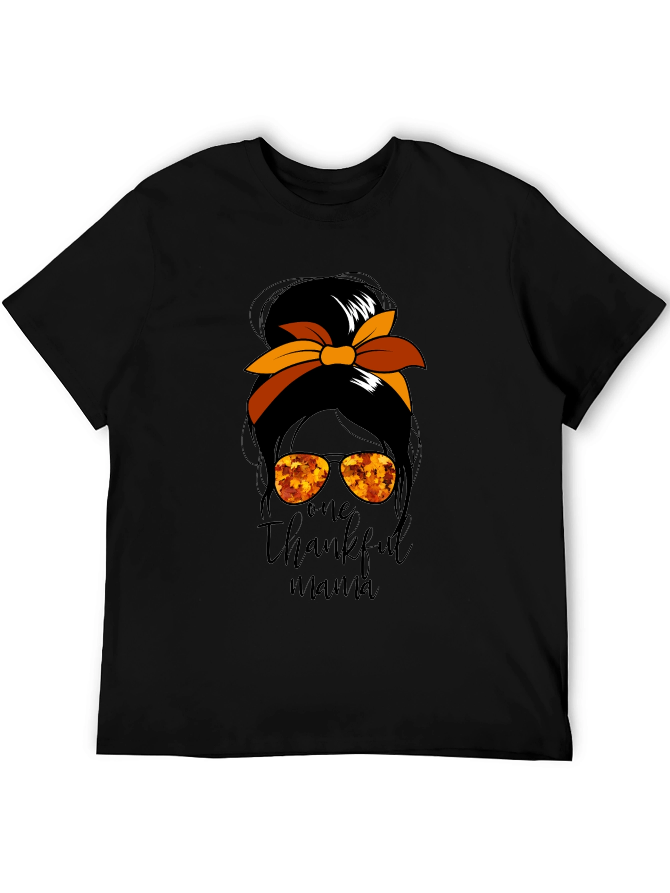 One Thankful Mama Messy Bun Thanksgiving T-Shirt