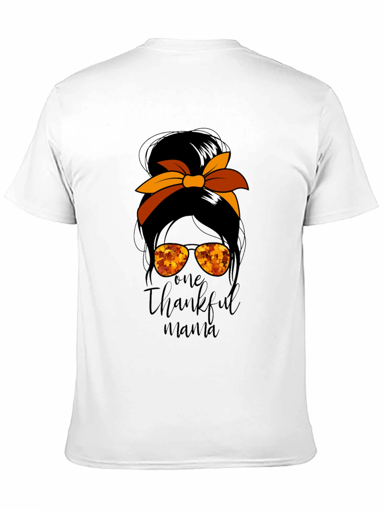 One Thankful Mama Messy Bun Thanksgiving T-Shirt