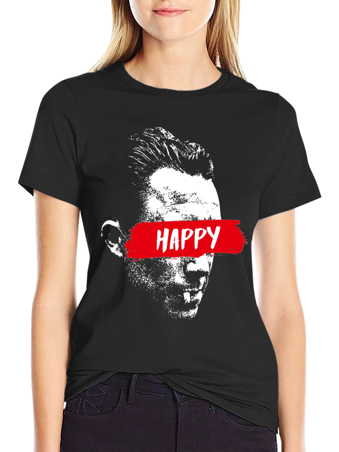 Happy Face Graphic Print Black T-Shirt