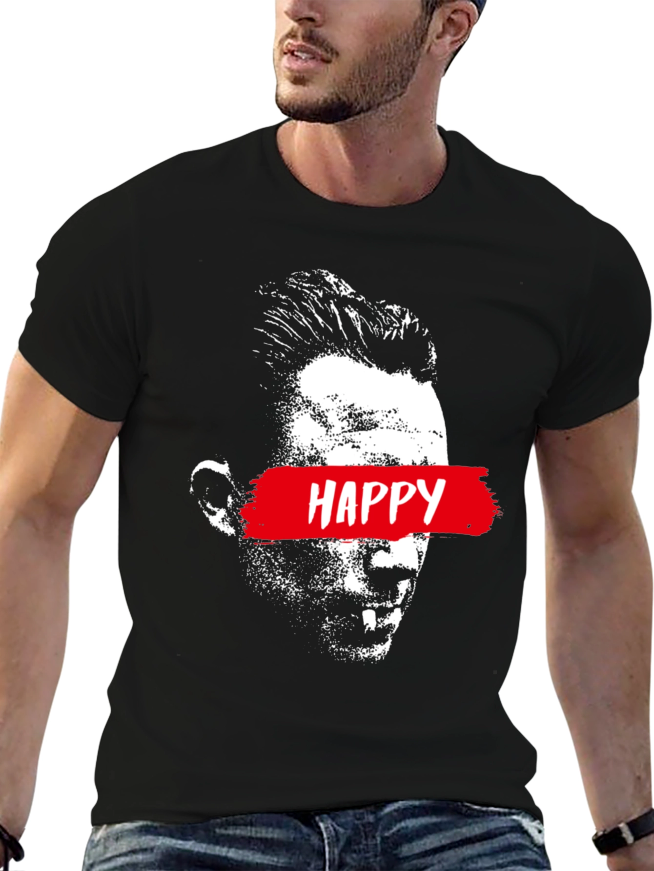 Happy Face Graphic Print Black T-Shirt