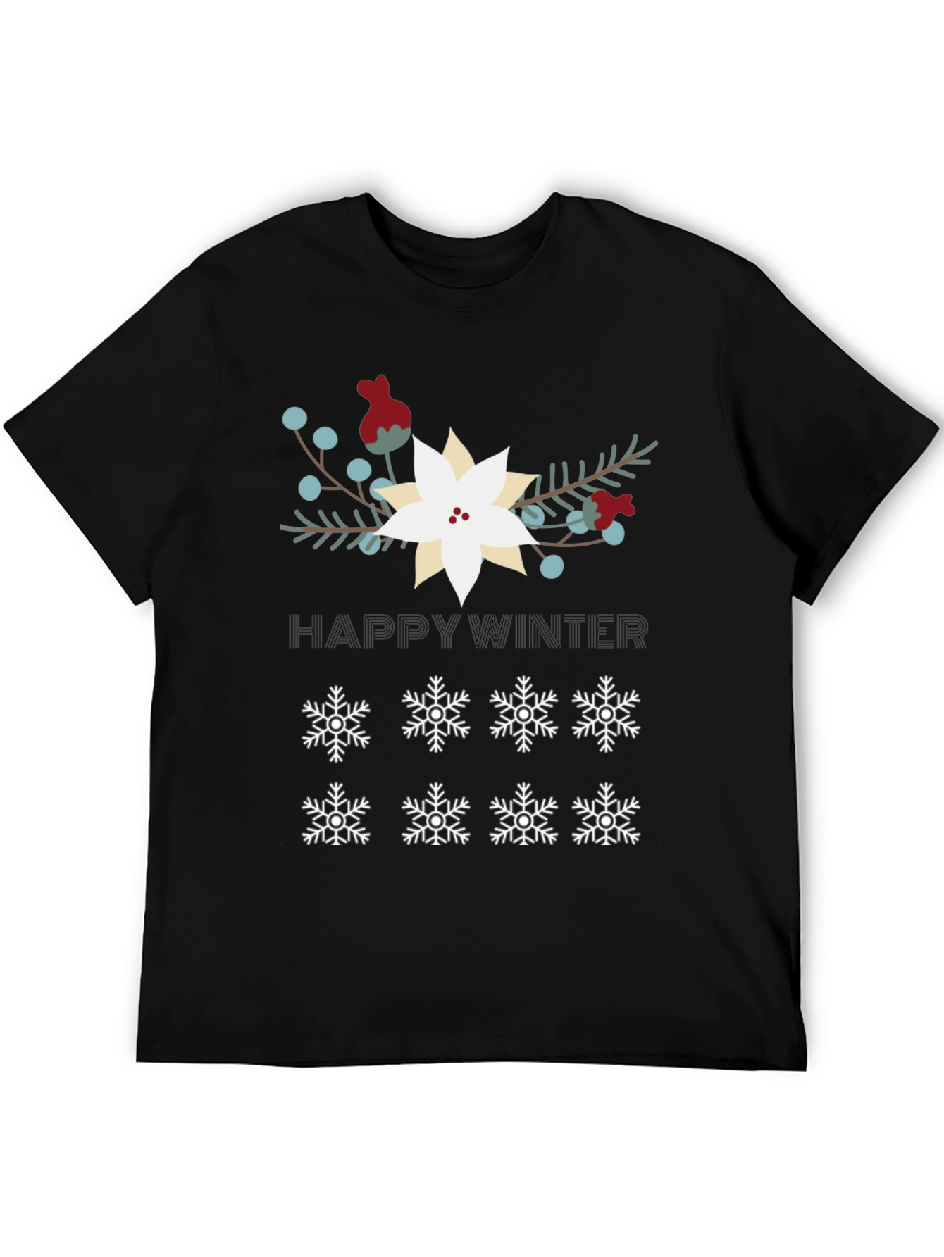 Happy Winter Snowflake Graphic Tee - Black