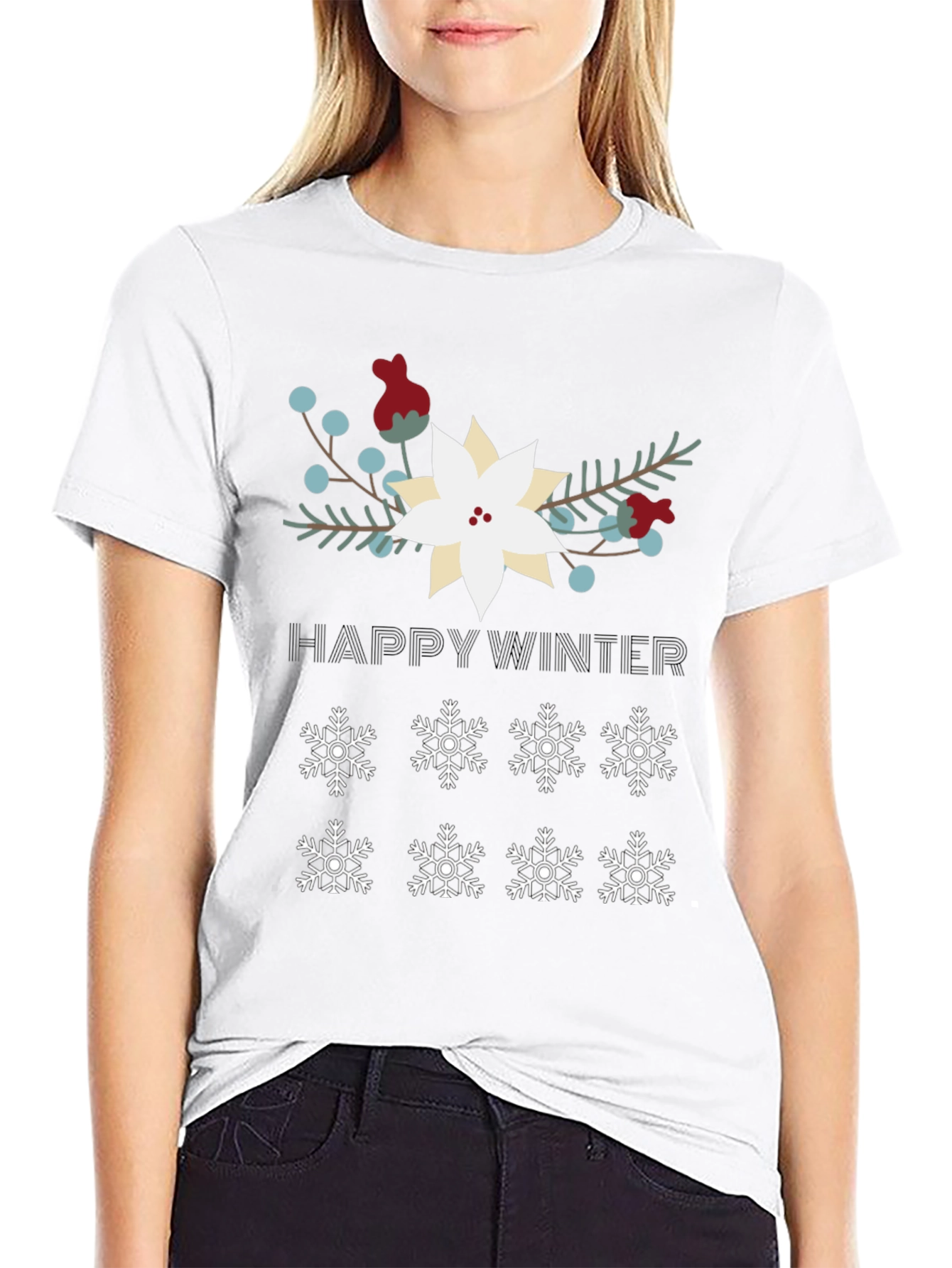 Happy Winter Snowflake Graphic Tee - Black