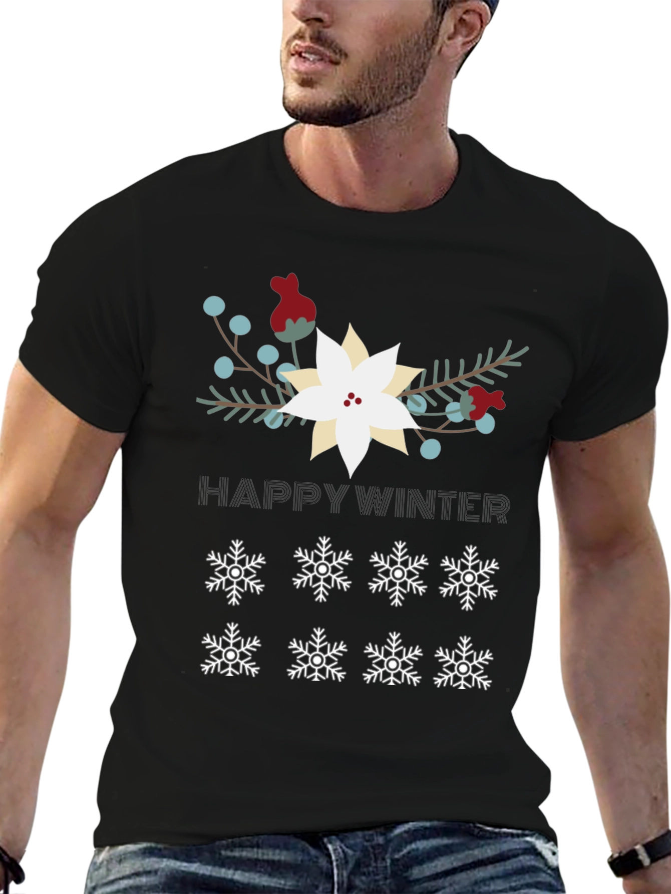 Happy Winter Snowflake Graphic Tee - Black