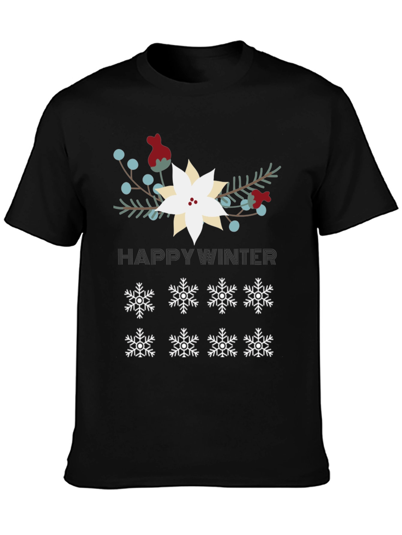 Happy Winter Snowflake Graphic Tee - Black