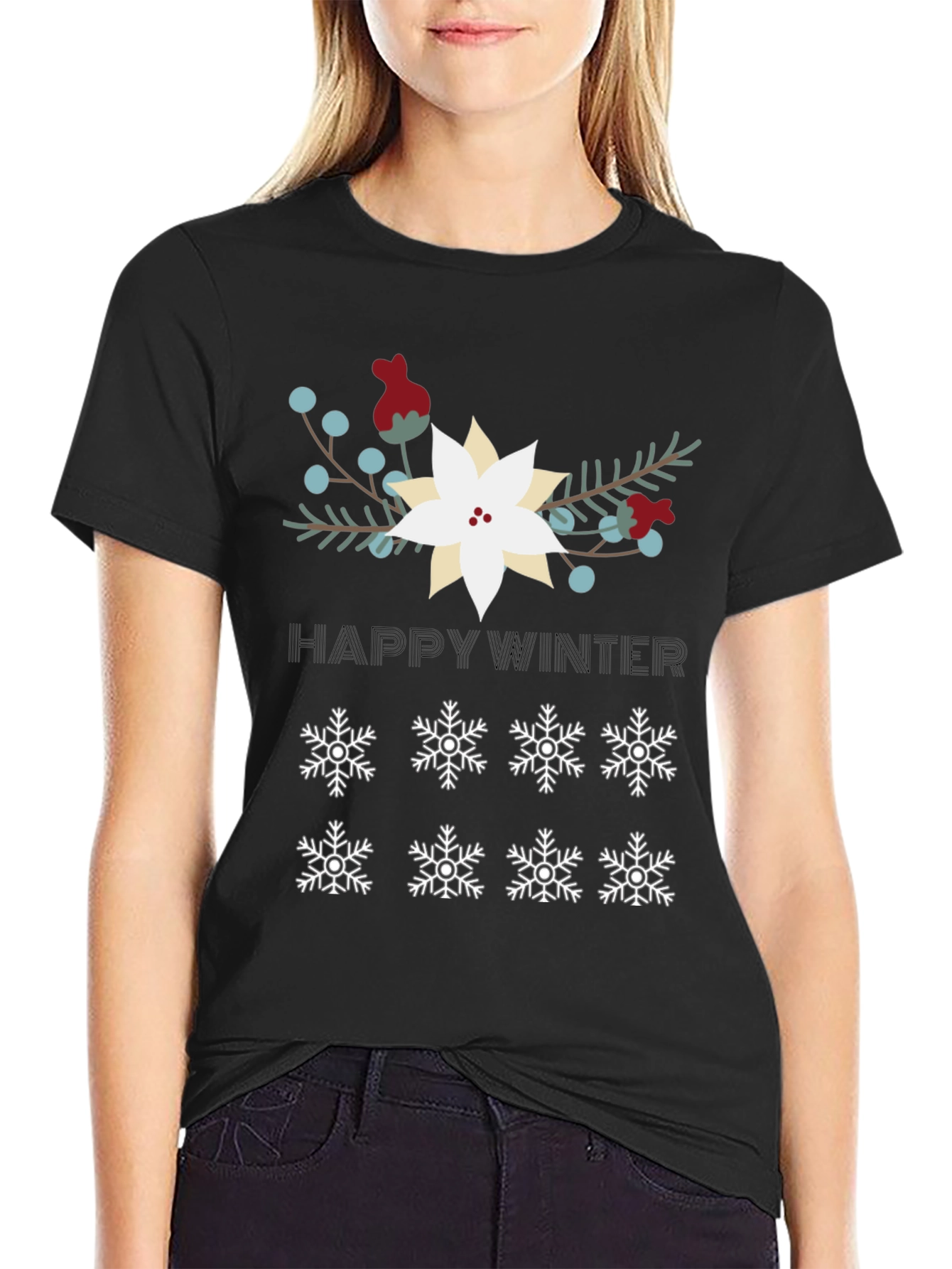 Happy Winter Snowflake Graphic Tee - Black