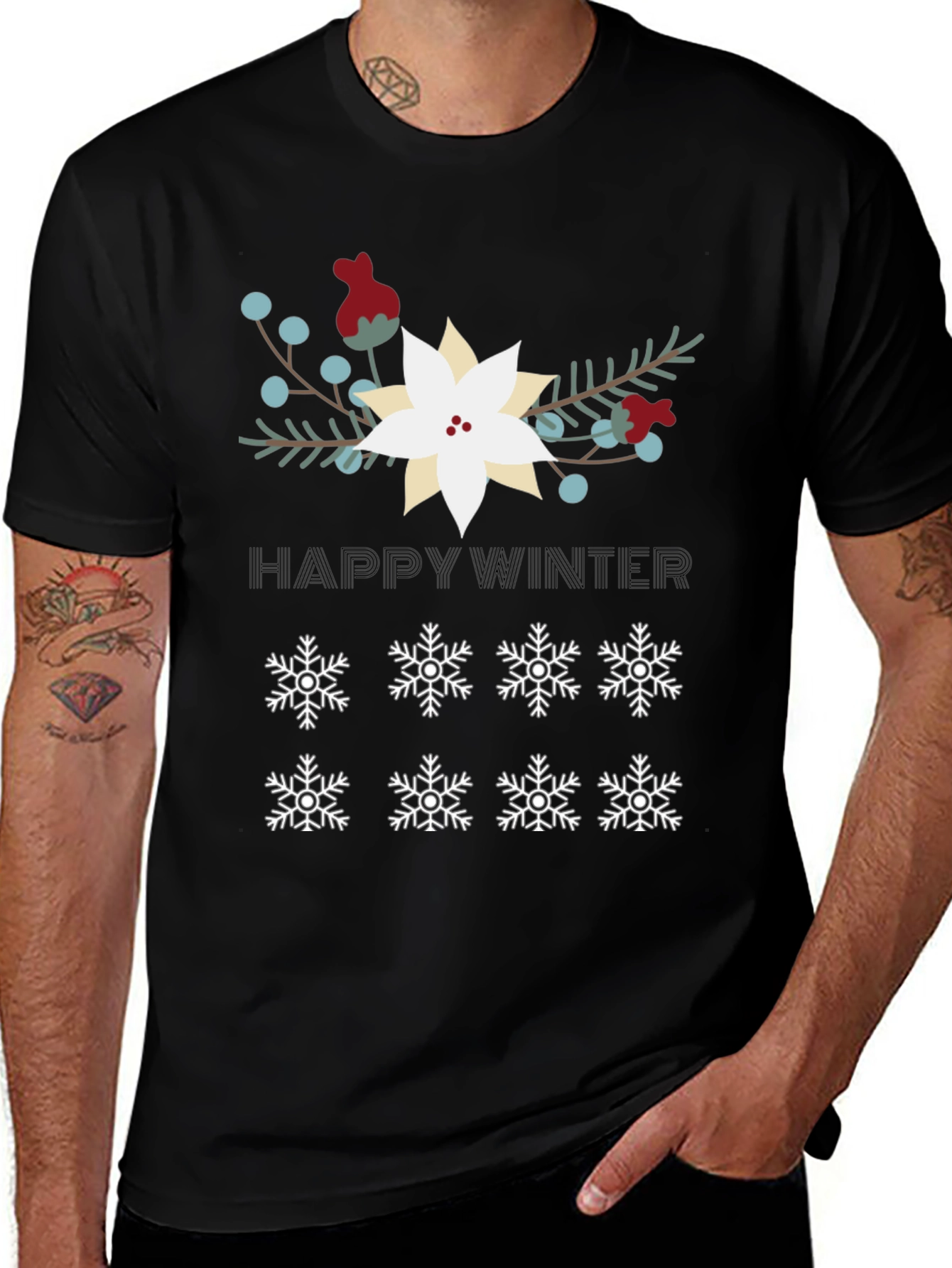 Happy Winter Snowflake Graphic Tee - Black