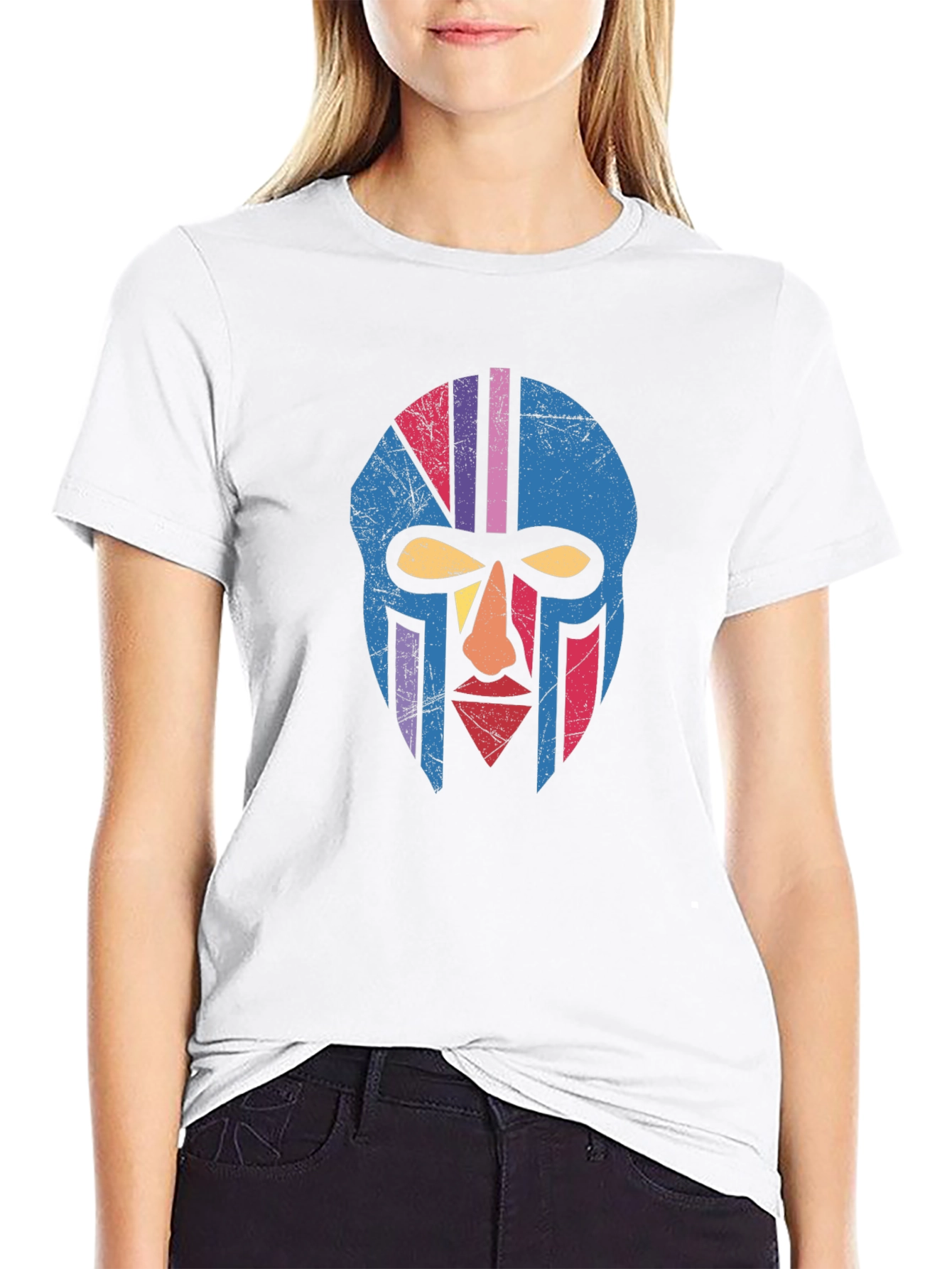 Retro Tribal Mask Graphic Tee - Black Cotton T-Shirt
