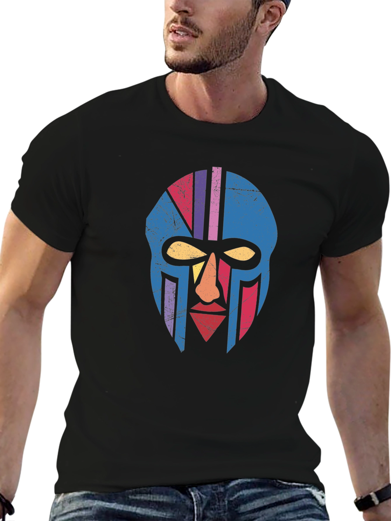 Retro Tribal Mask Graphic Tee - Black Cotton T-Shirt