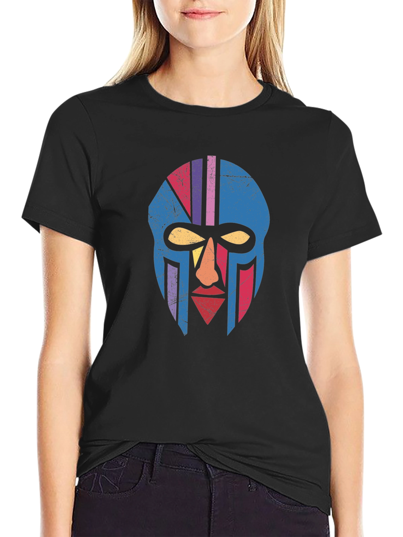 Retro Tribal Mask Graphic Tee - Black Cotton T-Shirt