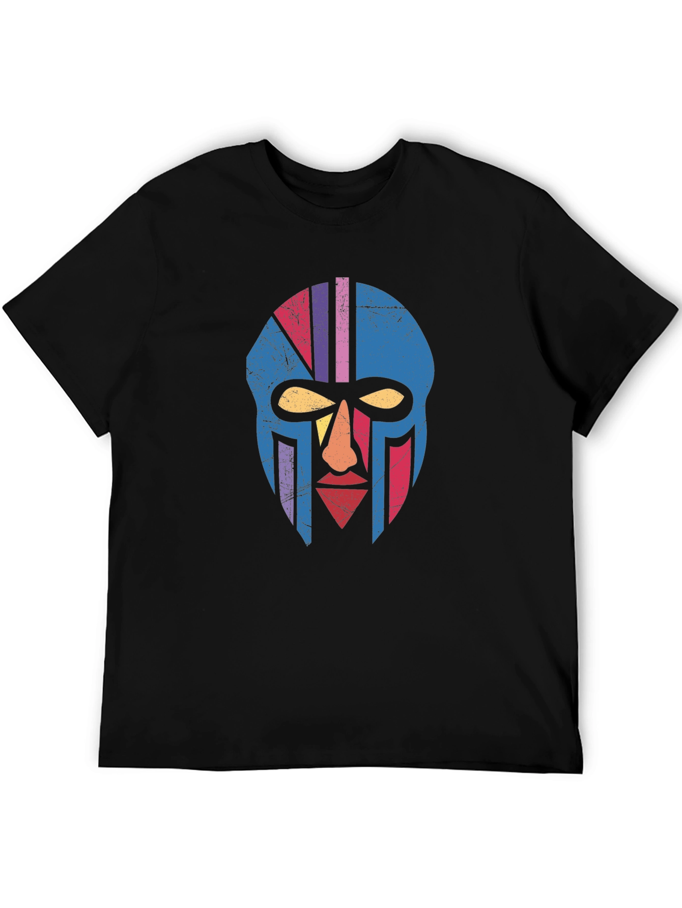 Retro Tribal Mask Graphic Tee - Black Cotton T-Shirt