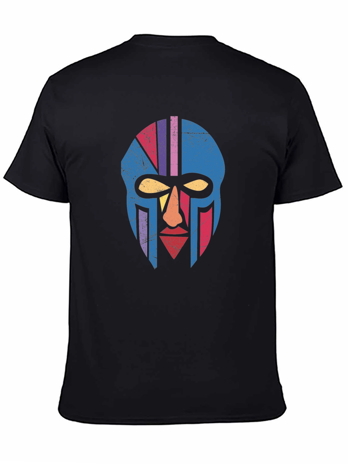 Retro Tribal Mask Graphic Tee - Black Cotton T-Shirt