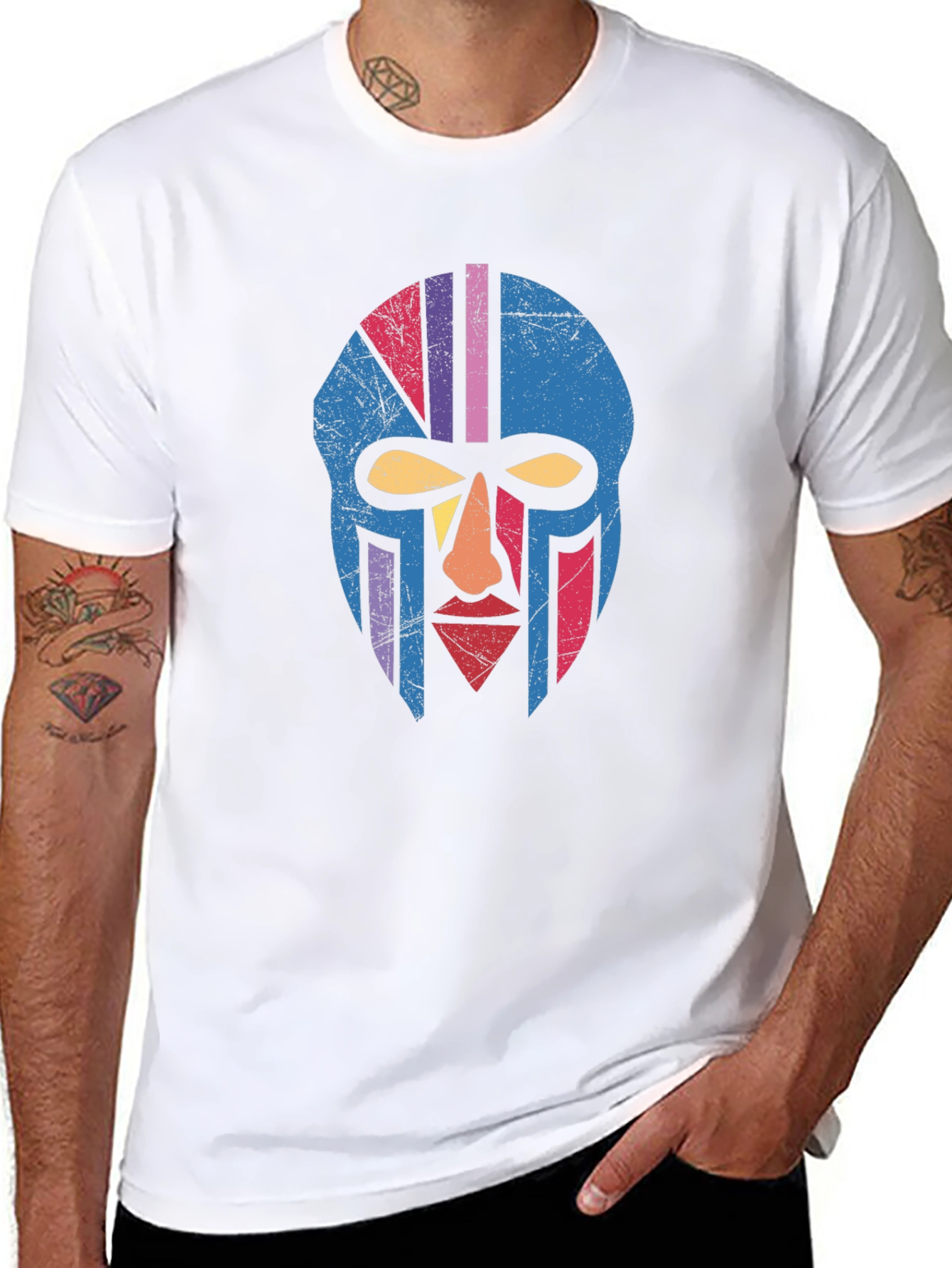 Retro Tribal Mask Graphic Tee - Black Cotton T-Shirt