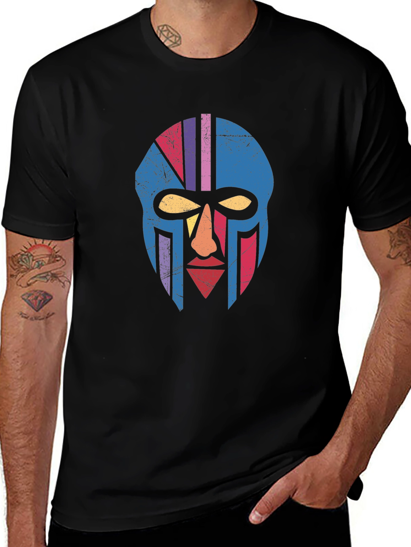 Retro Tribal Mask Graphic Tee - Black Cotton T-Shirt