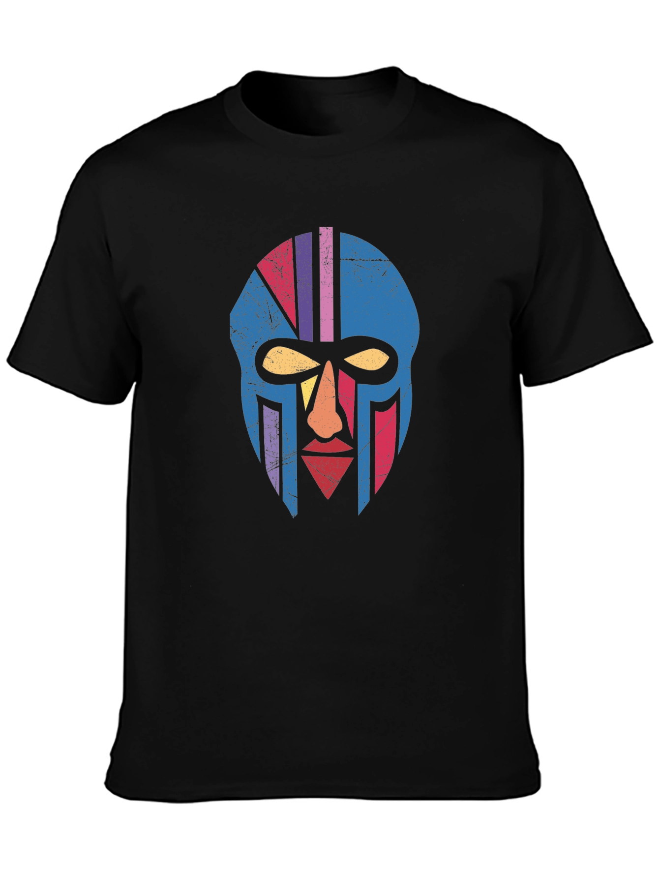 Retro Tribal Mask Graphic Tee - Black Cotton T-Shirt