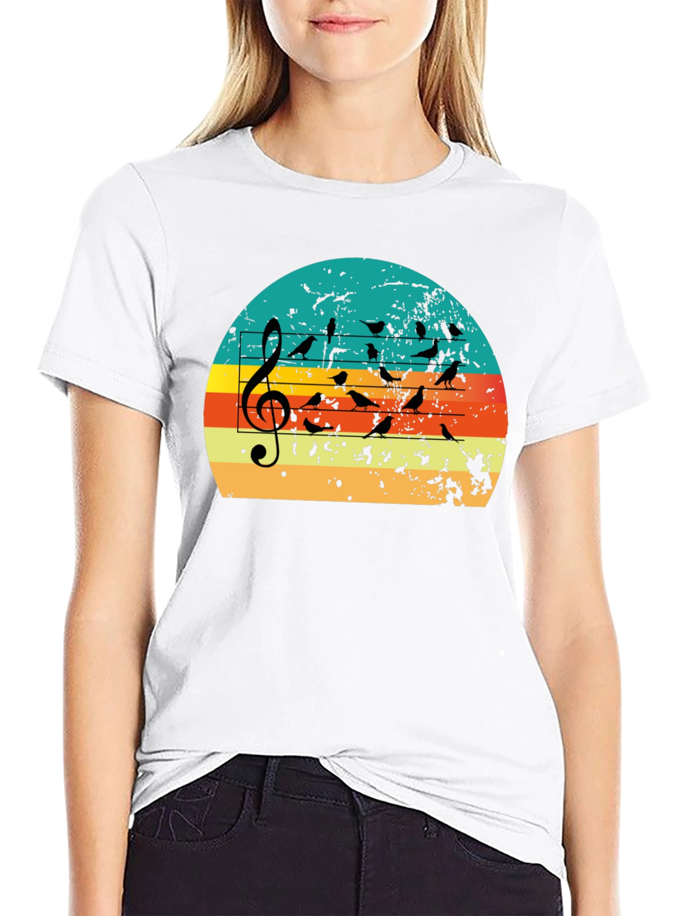 Retro Sunset Birds on Staff Music T-Shirt