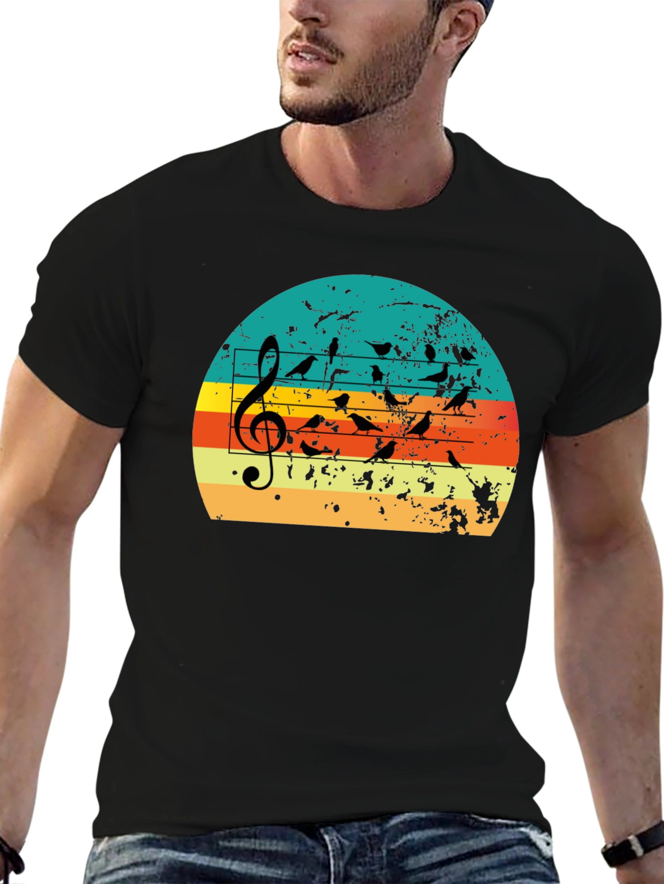 Retro Sunset Birds on Staff Music T-Shirt