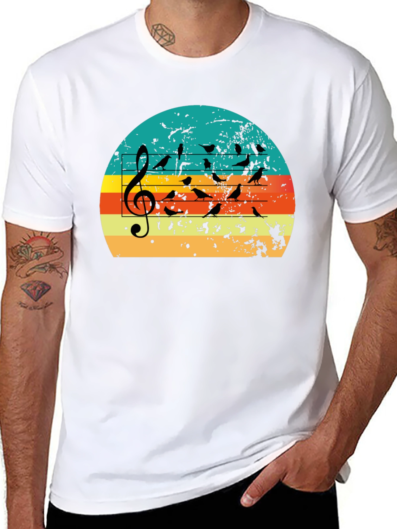 Retro Sunset Birds on Staff Music T-Shirt