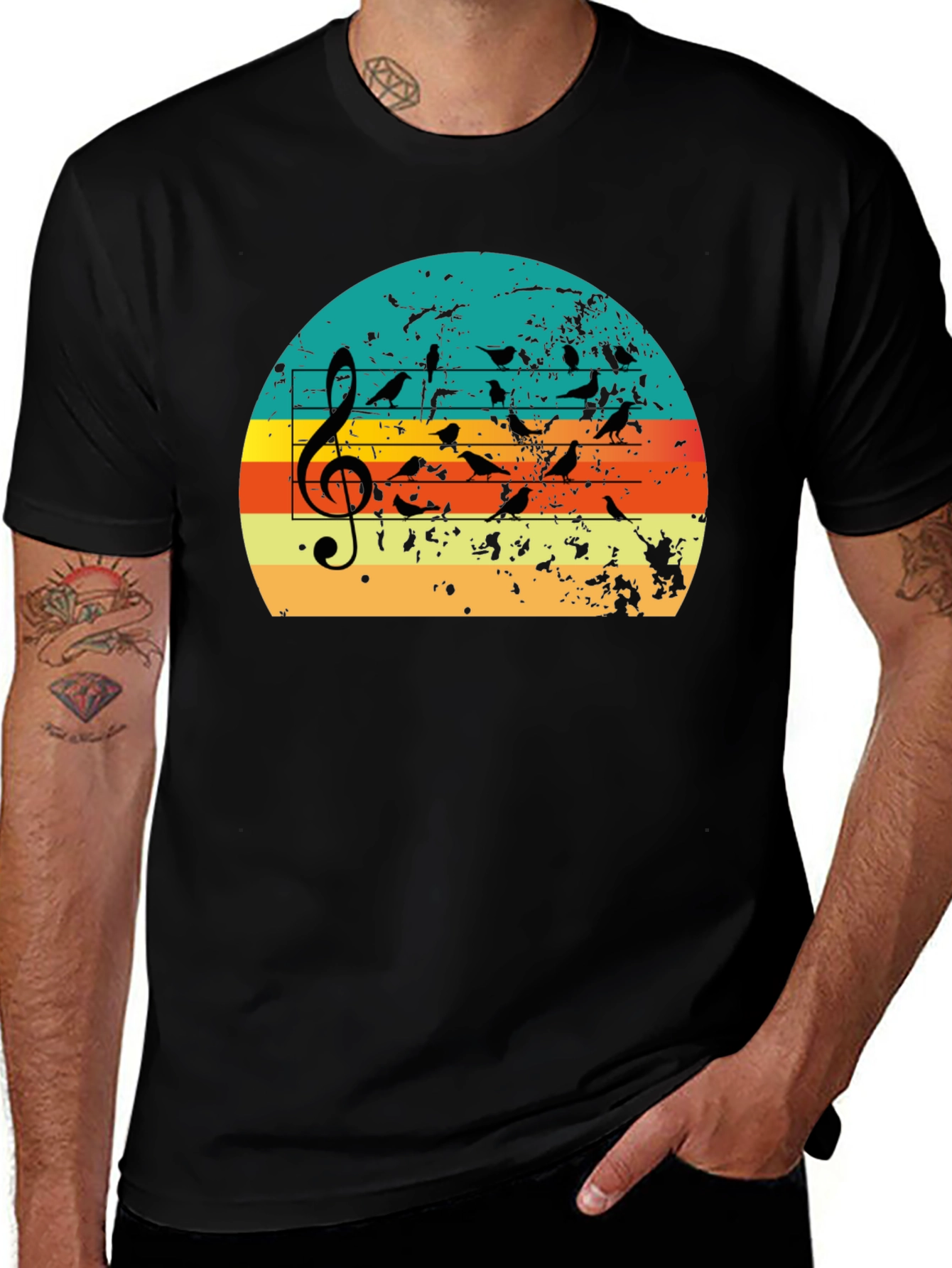 Retro Sunset Birds on Staff Music T-Shirt