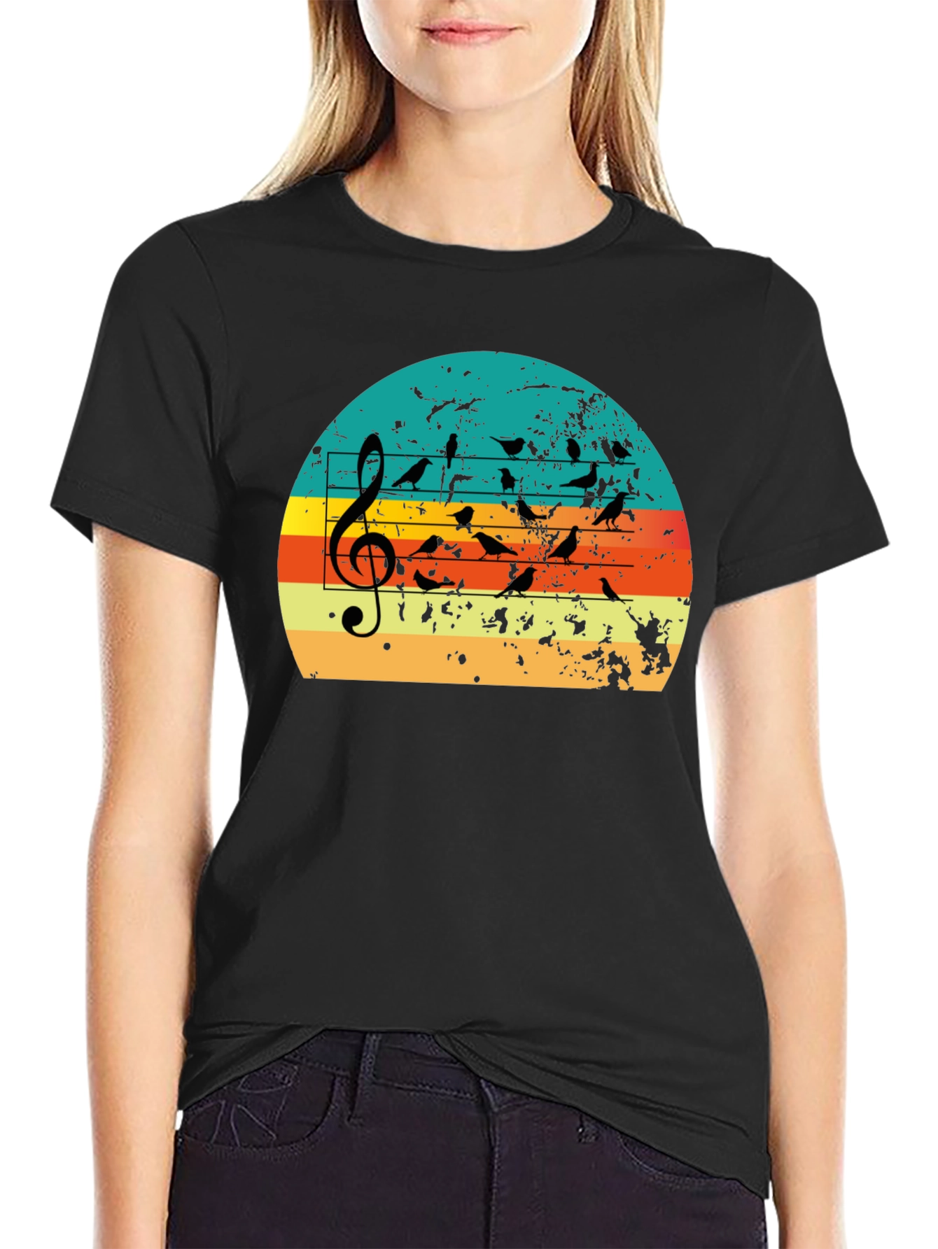 Retro Sunset Birds on Staff Music T-Shirt