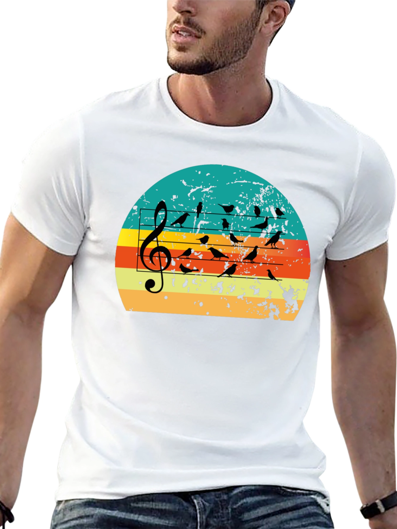 Retro Sunset Birds on Staff Music T-Shirt