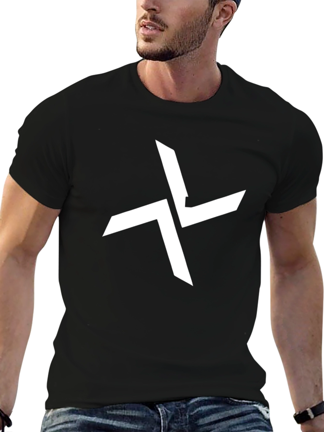 Black Graphic Tee - Abstract White Cross Design