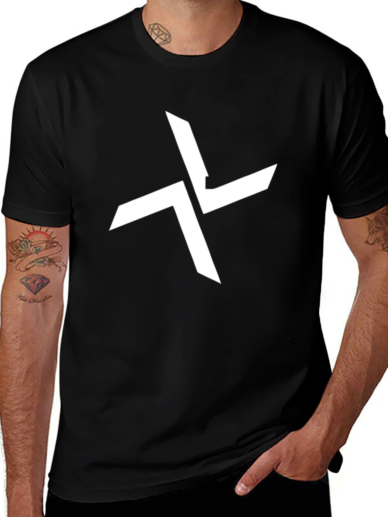 Black Graphic Tee - Abstract White Cross Design
