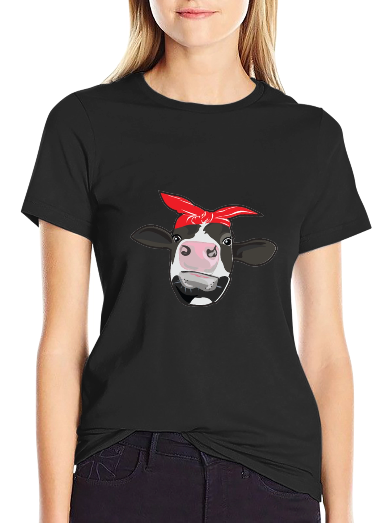 Cow Bandana Graphic Tee - Black Cotton T-Shirt