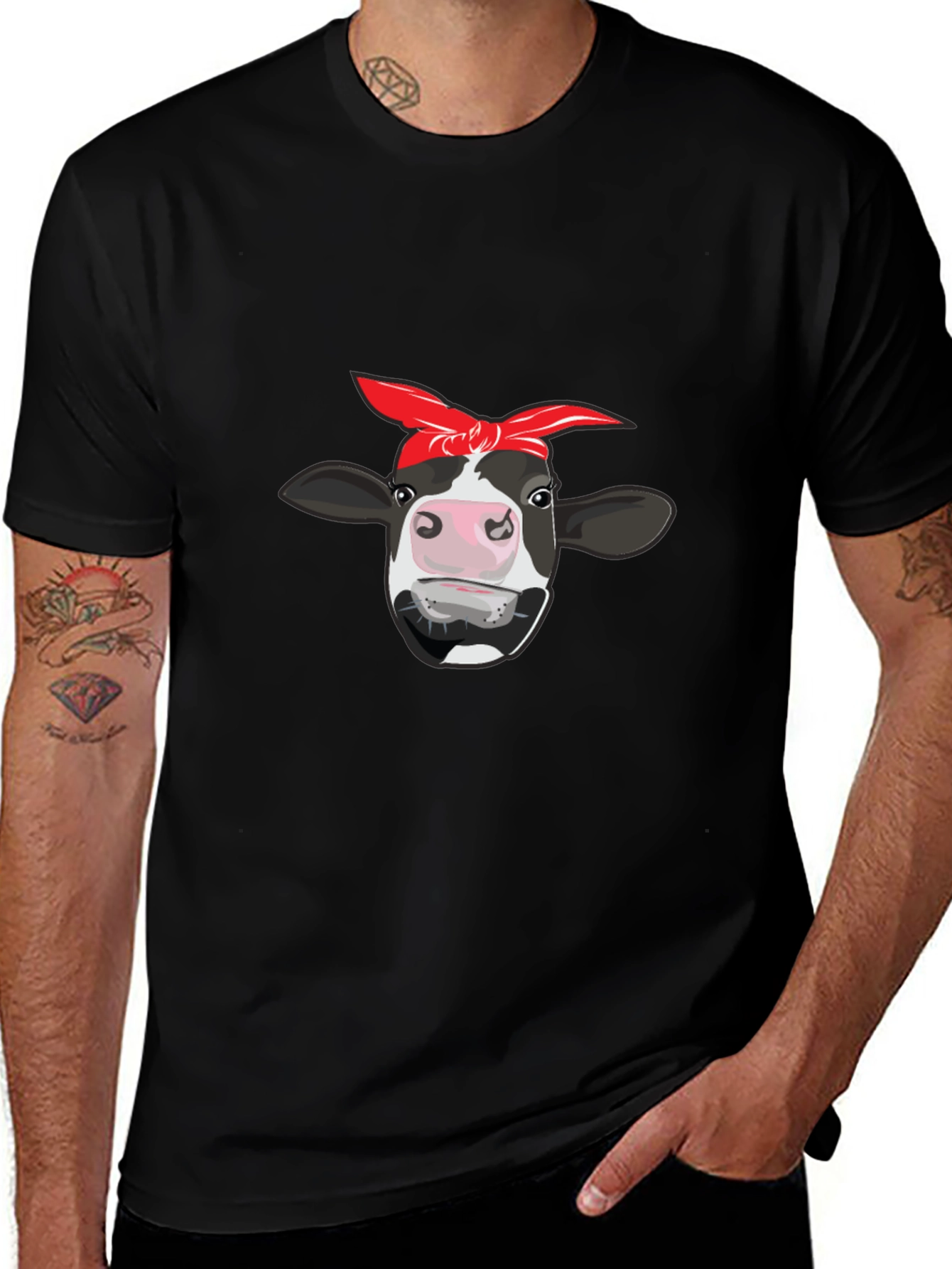 Cow Bandana Graphic Tee - Black Cotton T-Shirt