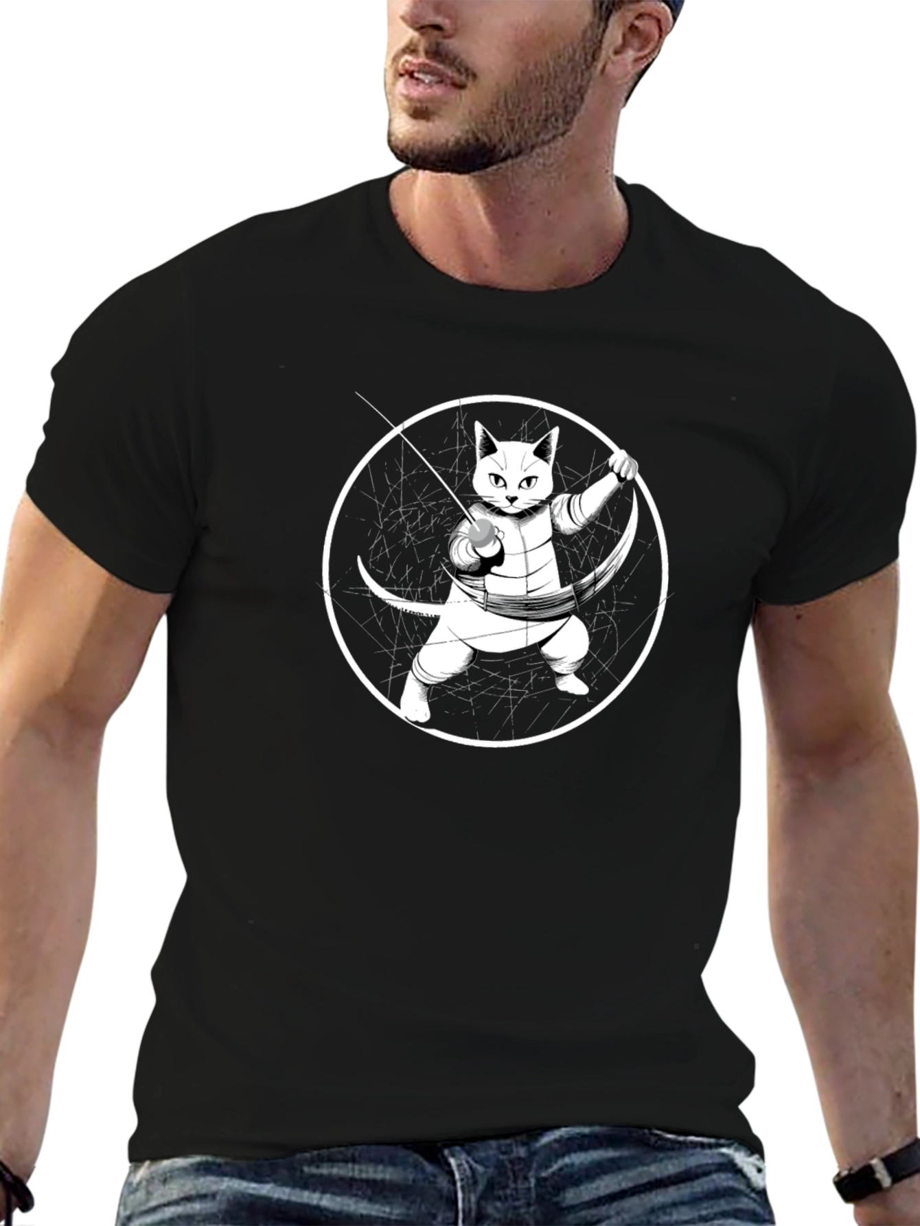 Fencing Cat T-Shirt - Black Cotton Tee