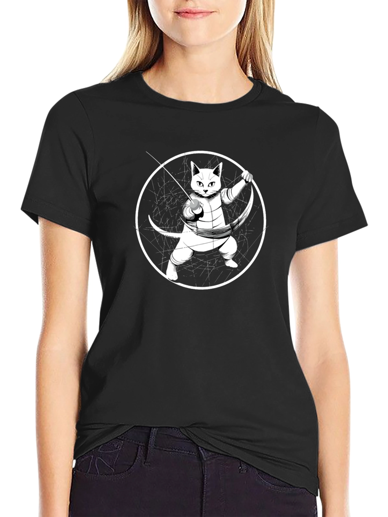 Fencing Cat T-Shirt - Black Cotton Tee