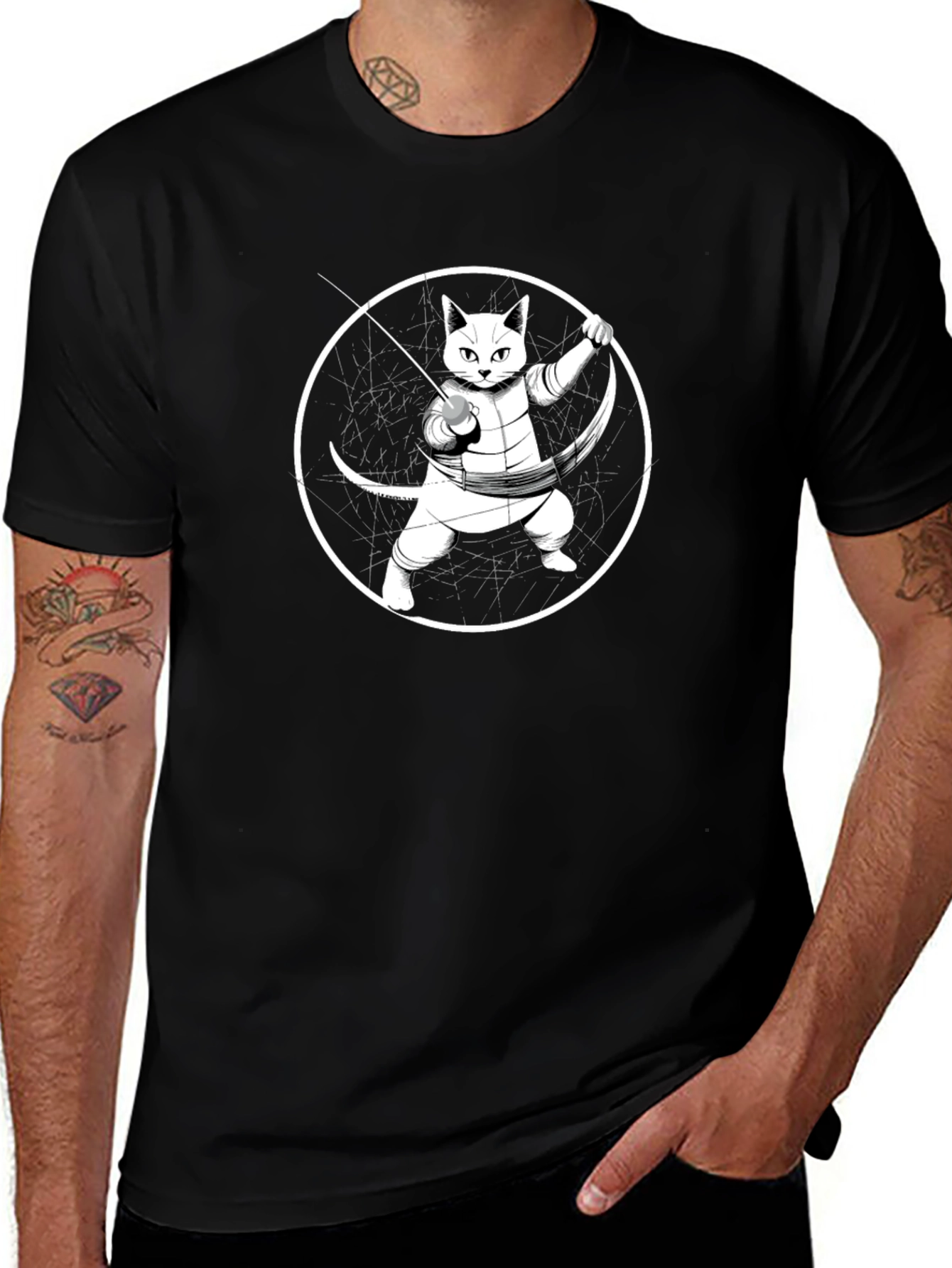 Fencing Cat T-Shirt - Black Cotton Tee