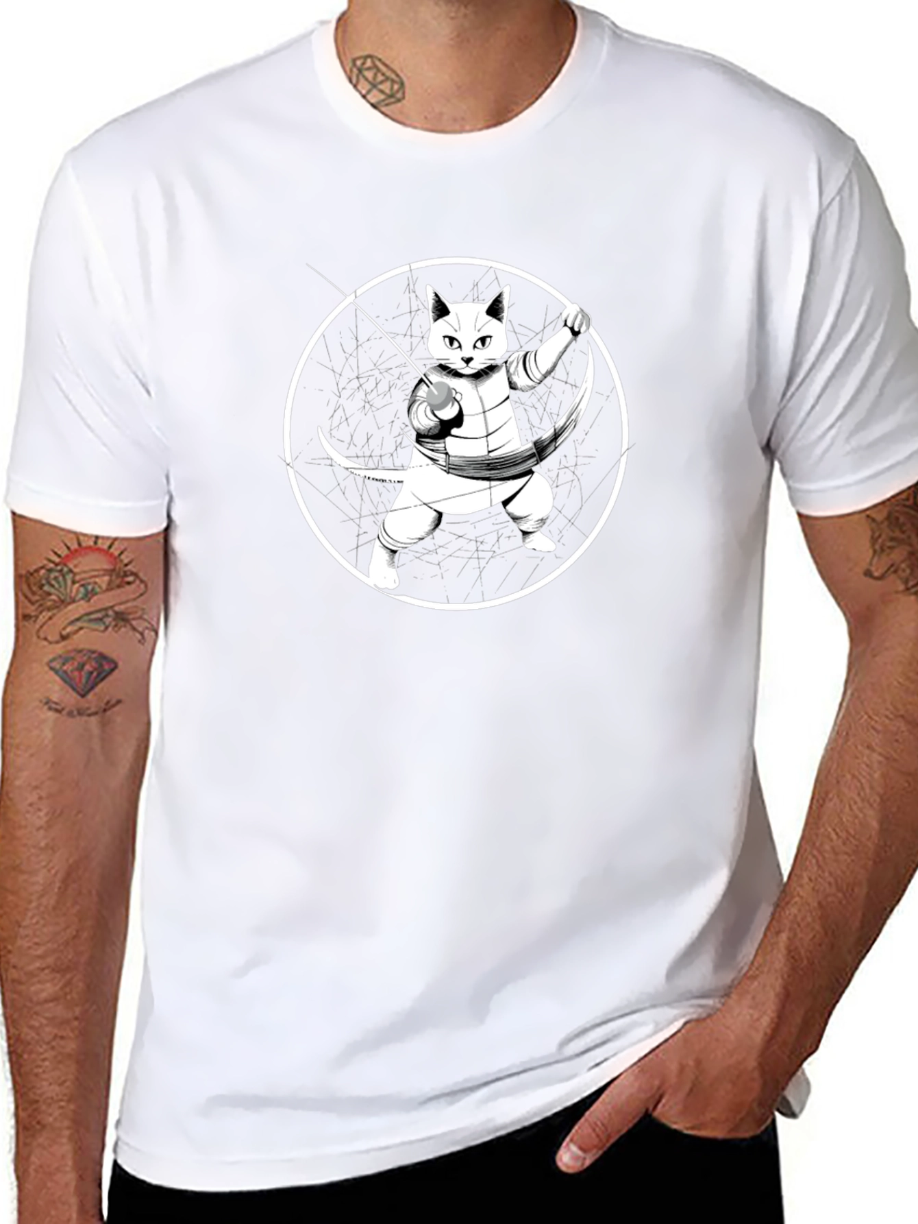Fencing Cat T-Shirt - Black Cotton Tee