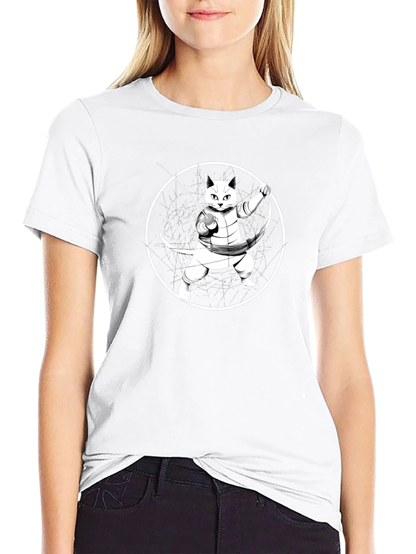 Fencing Cat T-Shirt - Black Cotton Tee