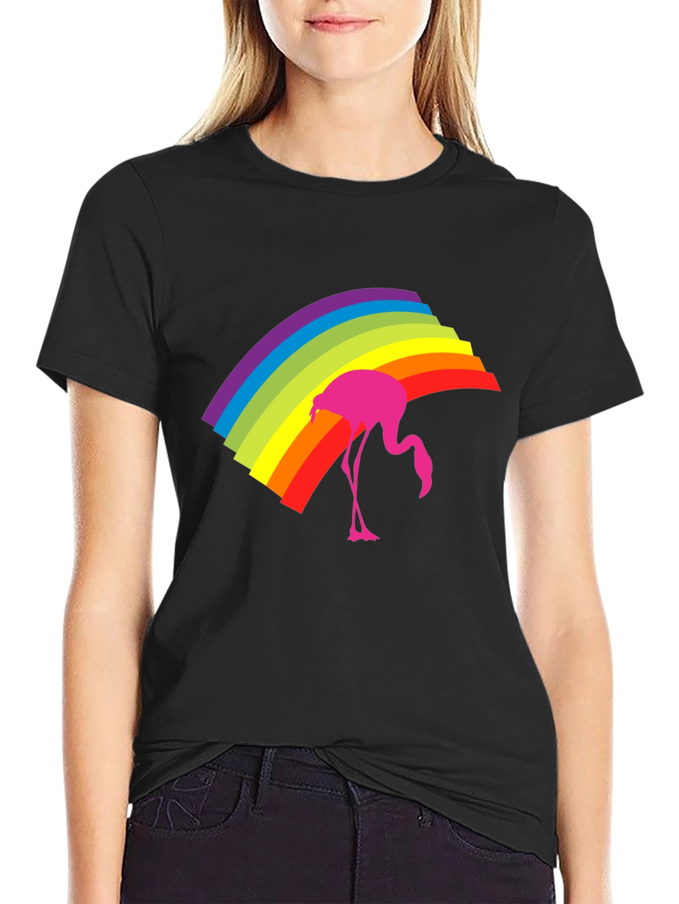 Rainbow Flamingo Graphic Tee - Stylish Black T-Shirt