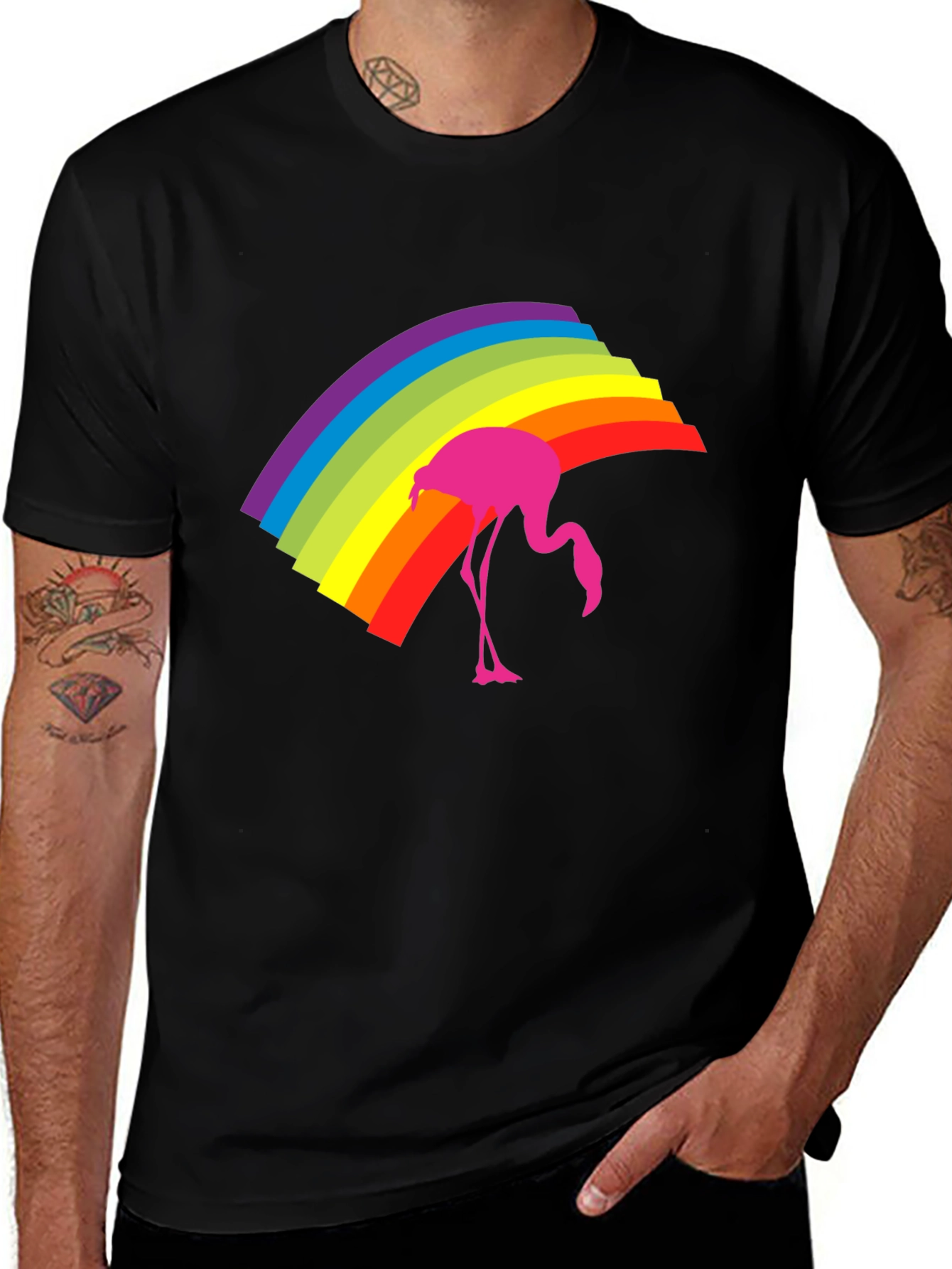 Rainbow Flamingo Graphic Tee - Stylish Black T-Shirt