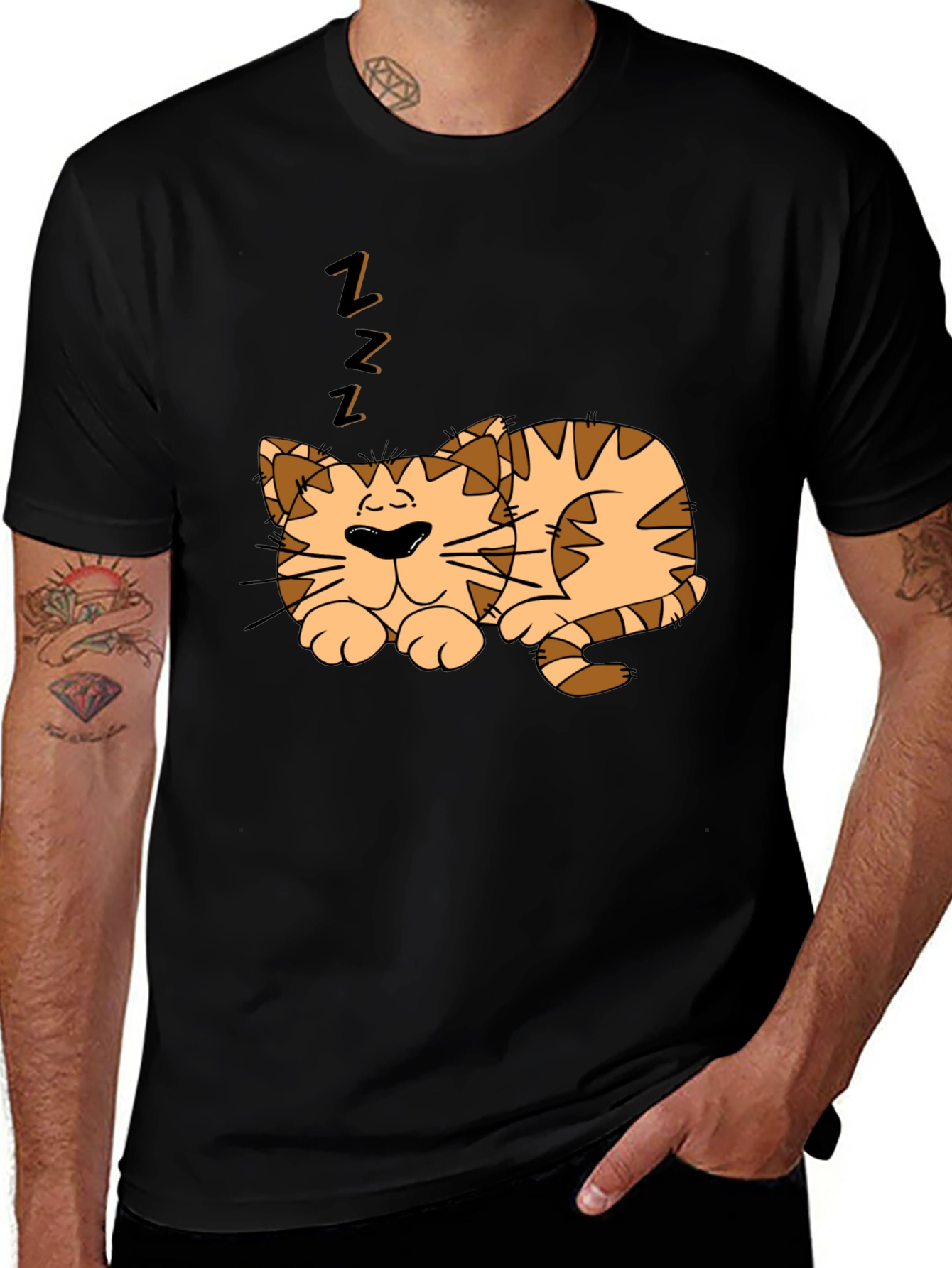 Sleeping Cat Graphic Tee - Black Cotton Comfort
