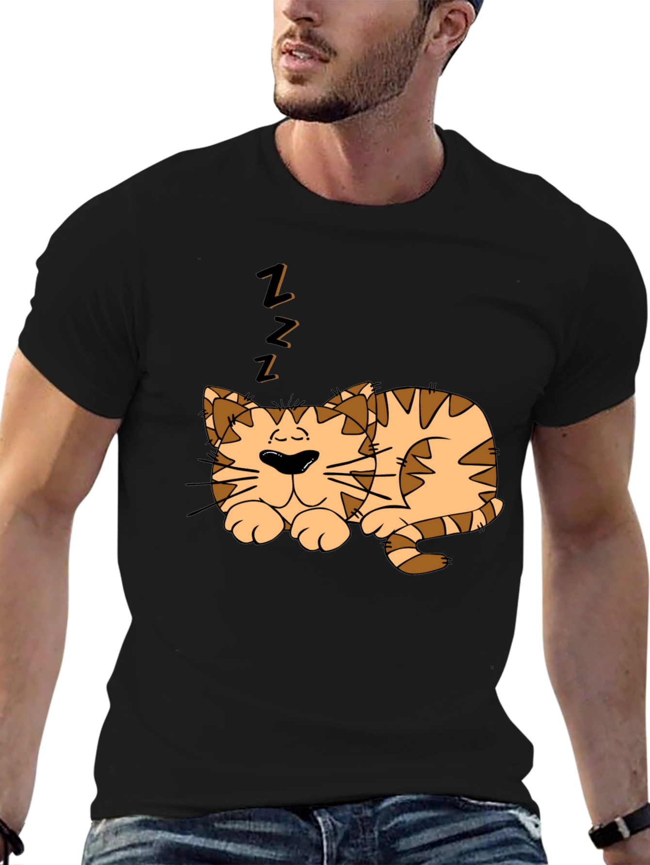 Sleeping Cat Graphic Tee - Black Cotton Comfort
