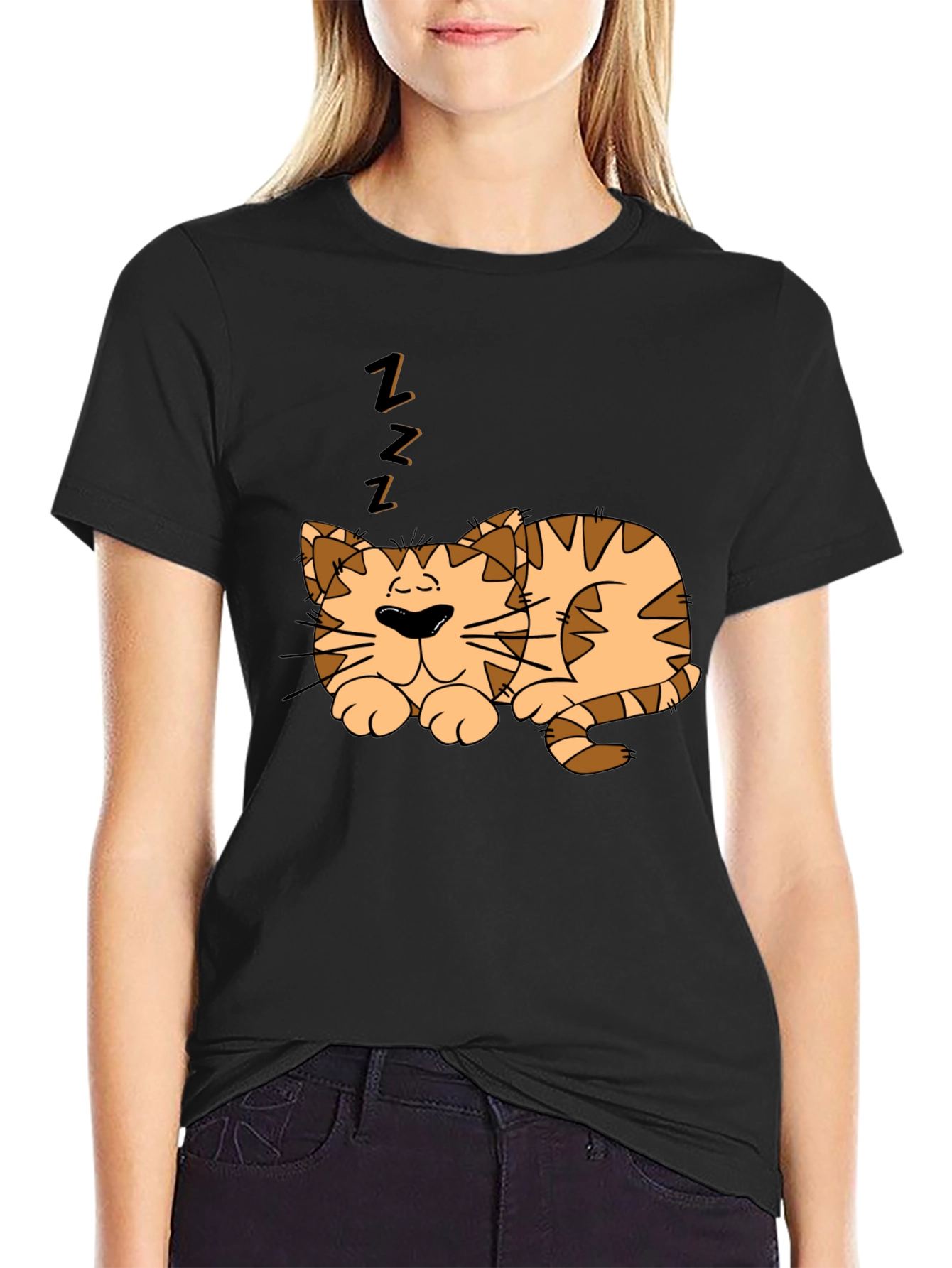 Sleeping Cat Graphic Tee - Black Cotton Comfort