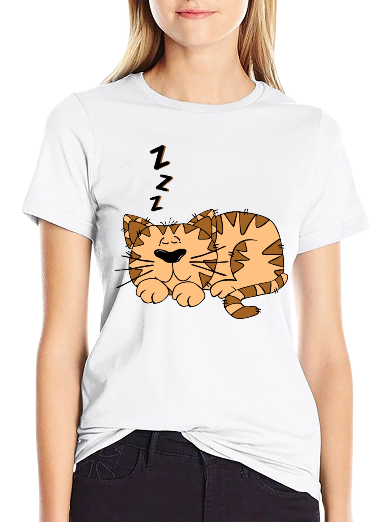 Sleeping Cat Graphic Tee - Black Cotton Comfort