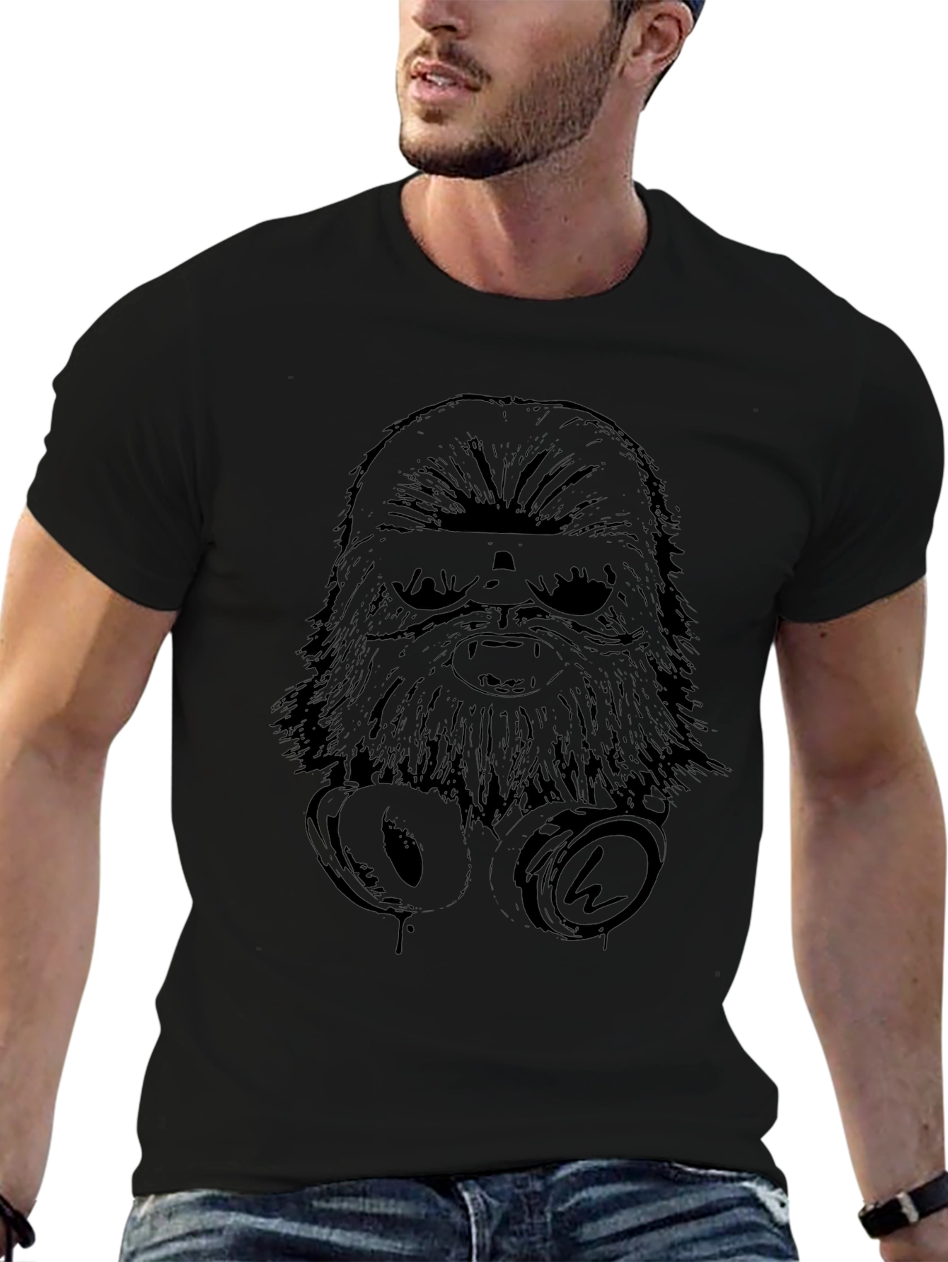 Chewbacca Headphones Graphic Black T-Shirt
