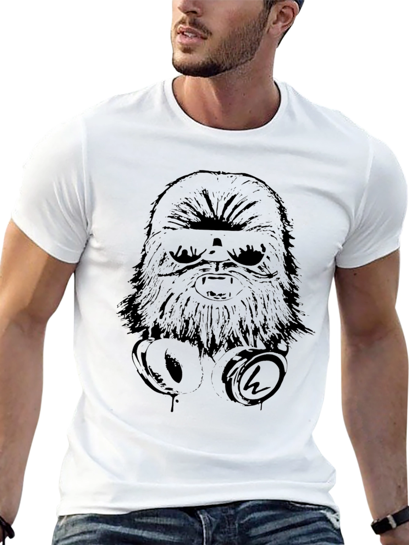 Chewbacca Headphones Graphic Black T-Shirt