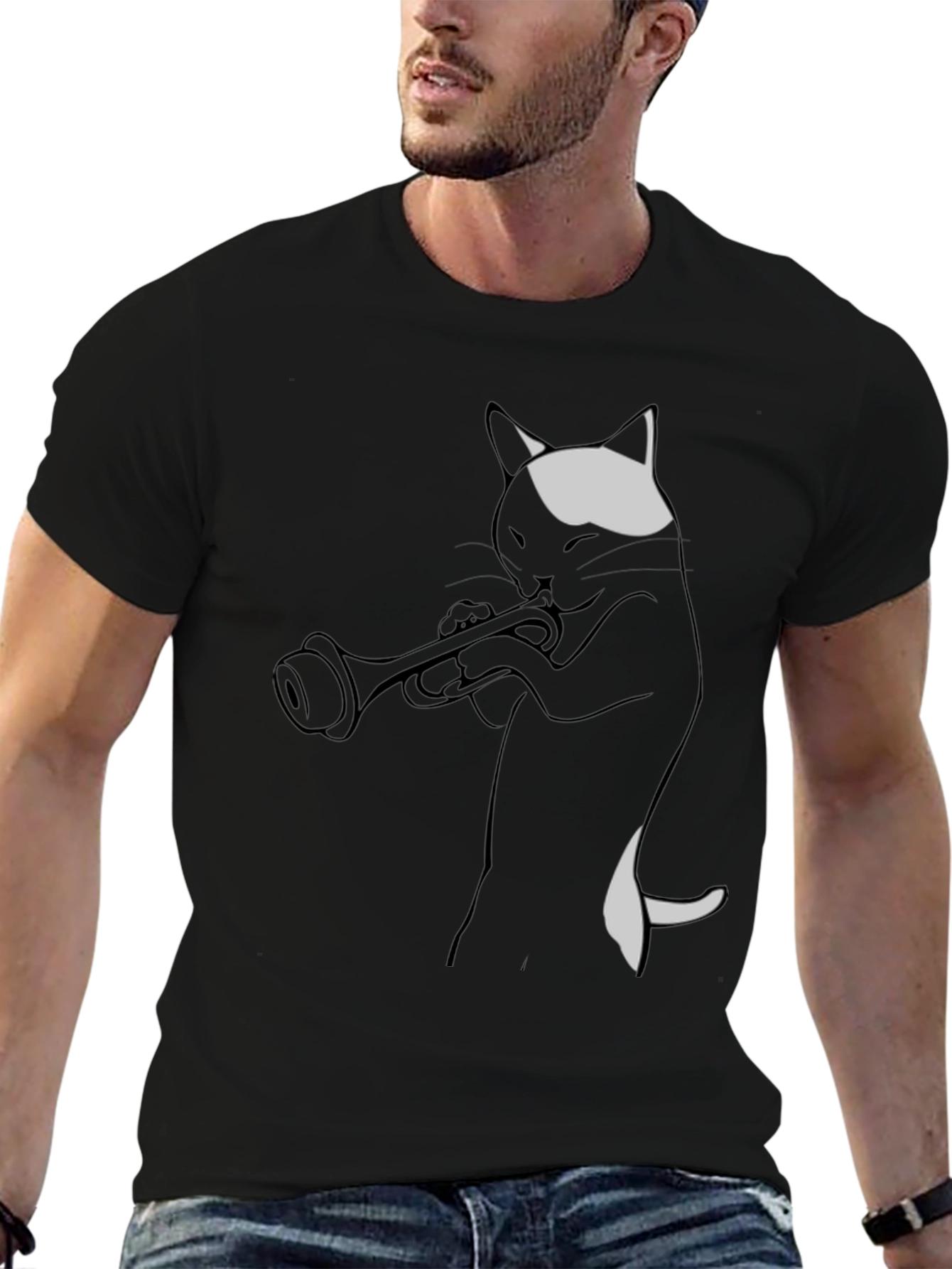 Cat Trumpet Player Black T-Shirt