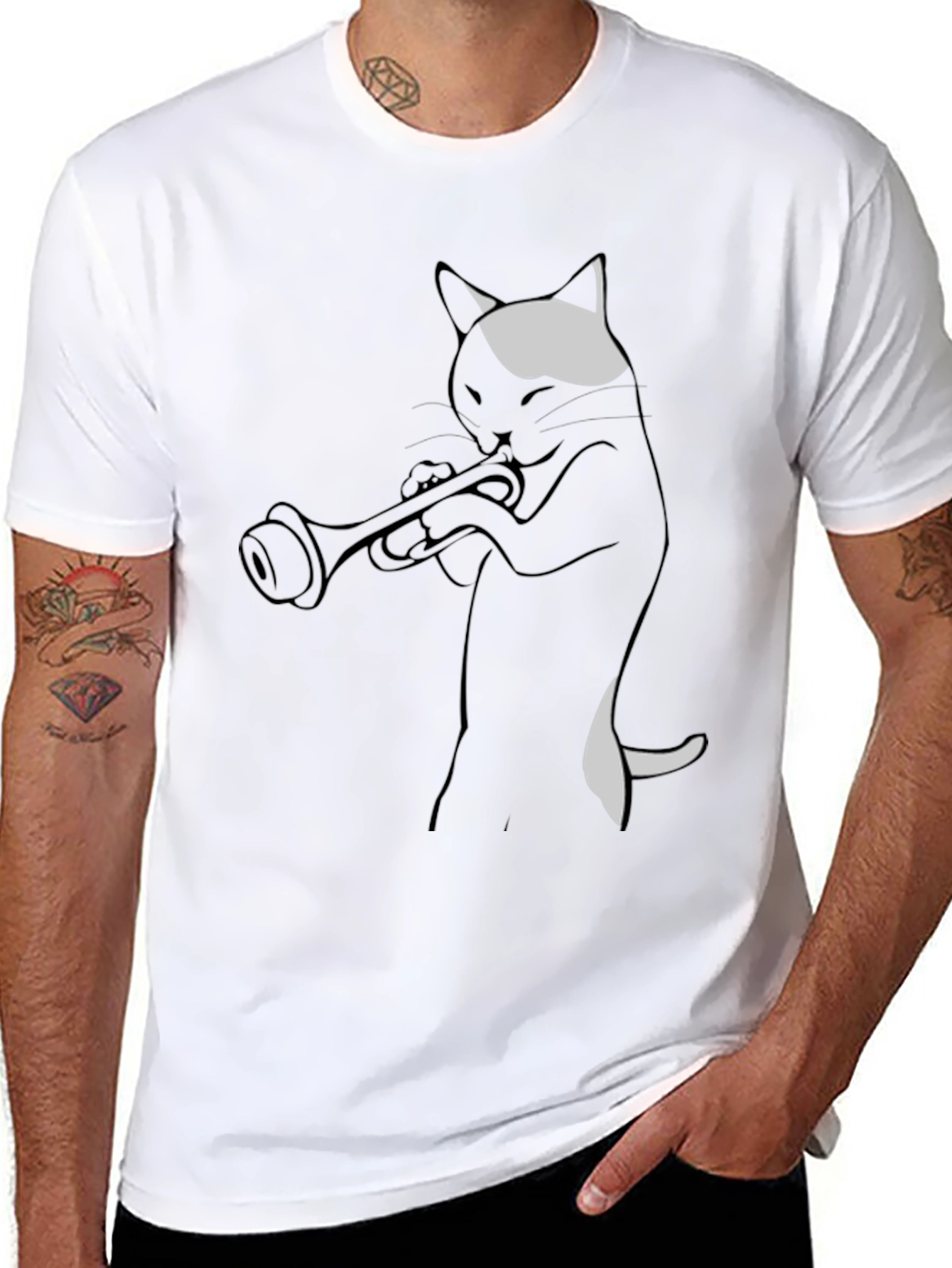 Cat Trumpet Player Black T-Shirt